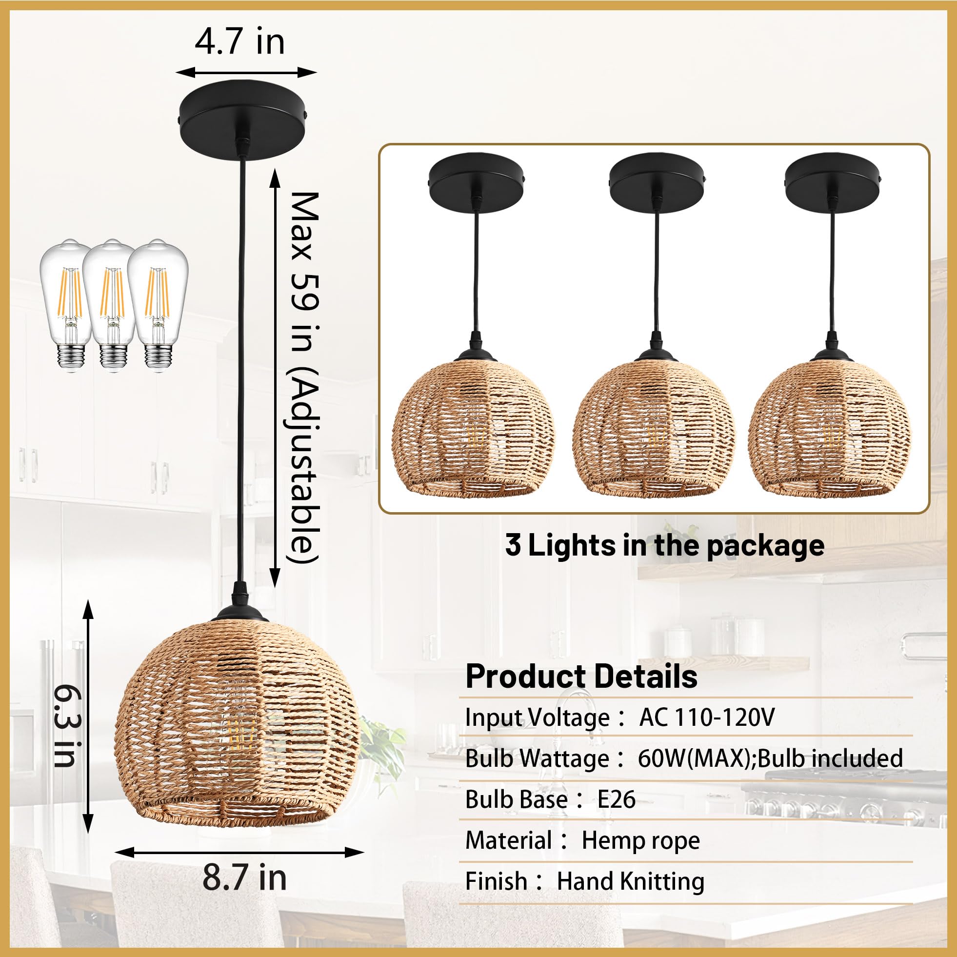 Ayshwilldec 3-Pack Natural Woven Wicker Pendant Lights, Boho Chandelier For Dining Room & Kitchen