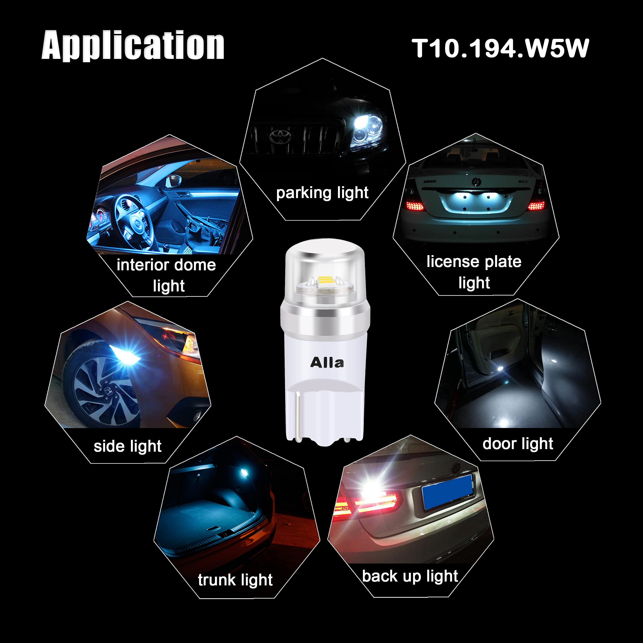 Alla Lighting Mini T10 168/194 Led Bulbs Advanced 12V License, Interior, Map, Dome, Trunk Cargo, Step Lights W5W 2825 175 158 For Auto Cars, Trucks (6000K Xenon White)