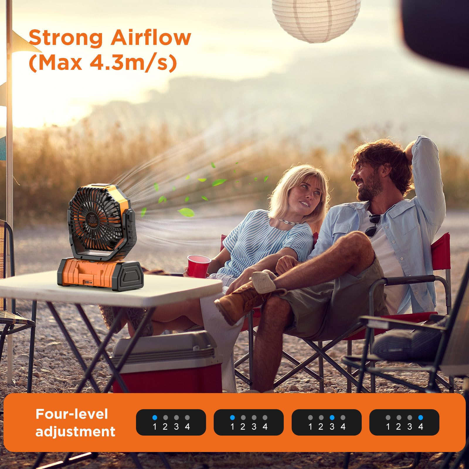 OGERY 20000mAh Rechargeable Camping Fan with LED Lantern, Remote Control, 4 Speeds, Orange, Model F6