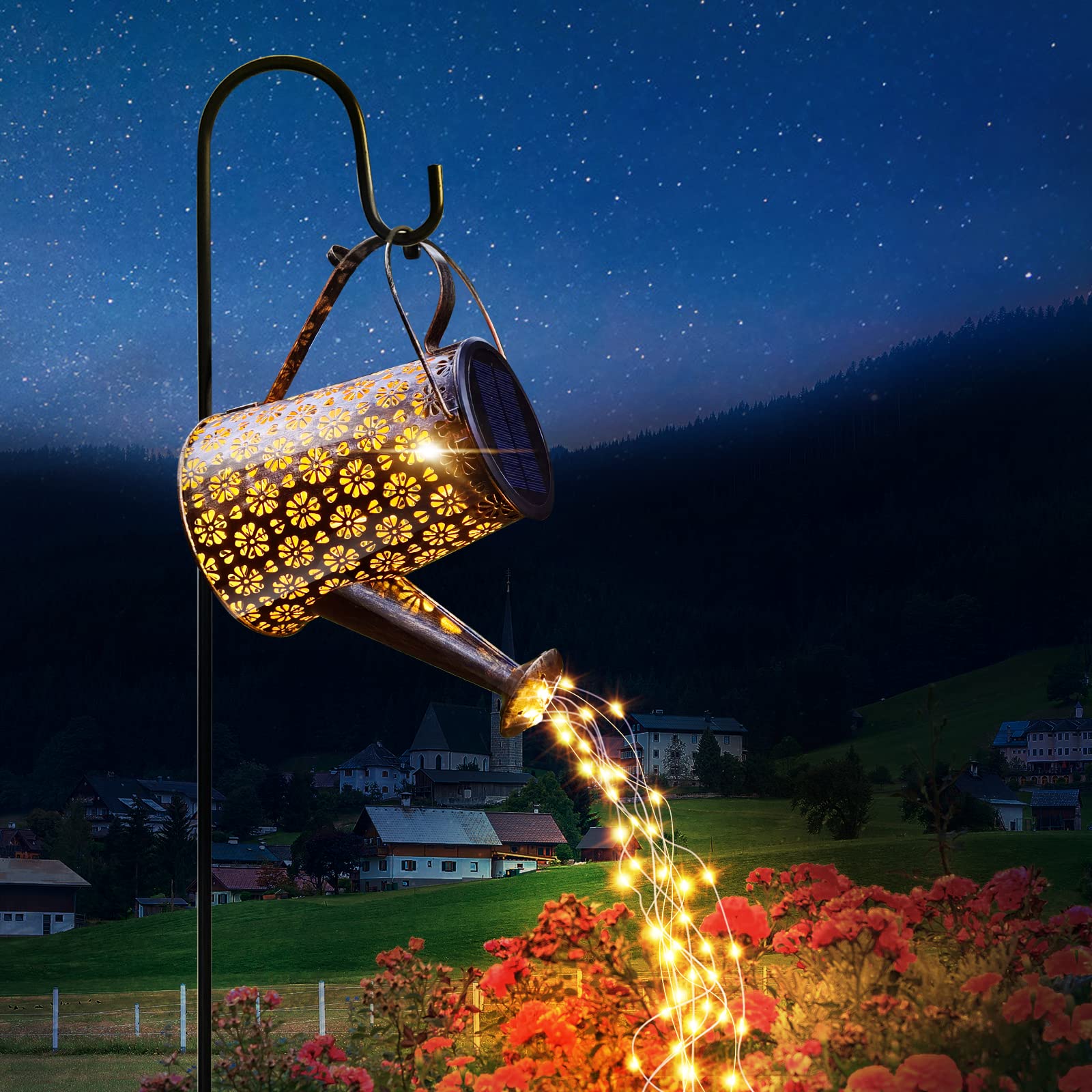 Outdoor Solar Watering Can With Lights Garden Decor Large Solar Powered Lanterns Hanging Waterproof Led Decorative Retro Metal Kettle String Lights For Table Yard Pathway Walkway Gardening Gifts