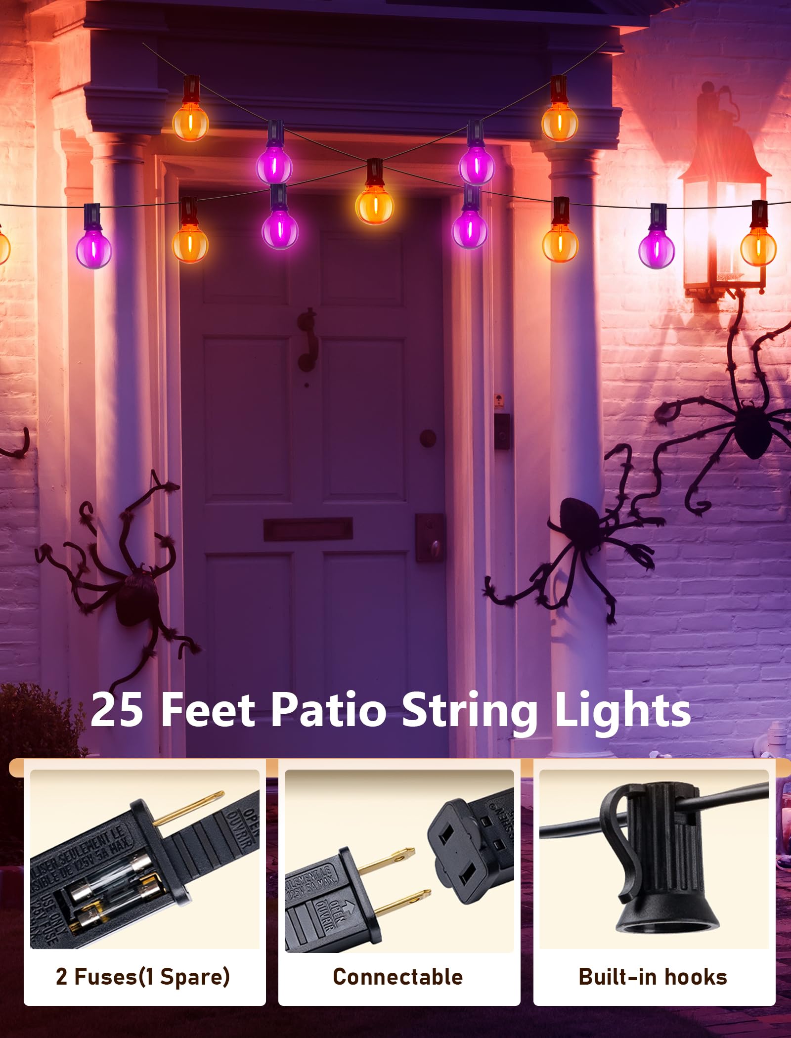 Xingzd 25FT Halloween String Lights, 25 G40 LED Bulbs, Shatterproof, Warm White, Clear Purple Orange