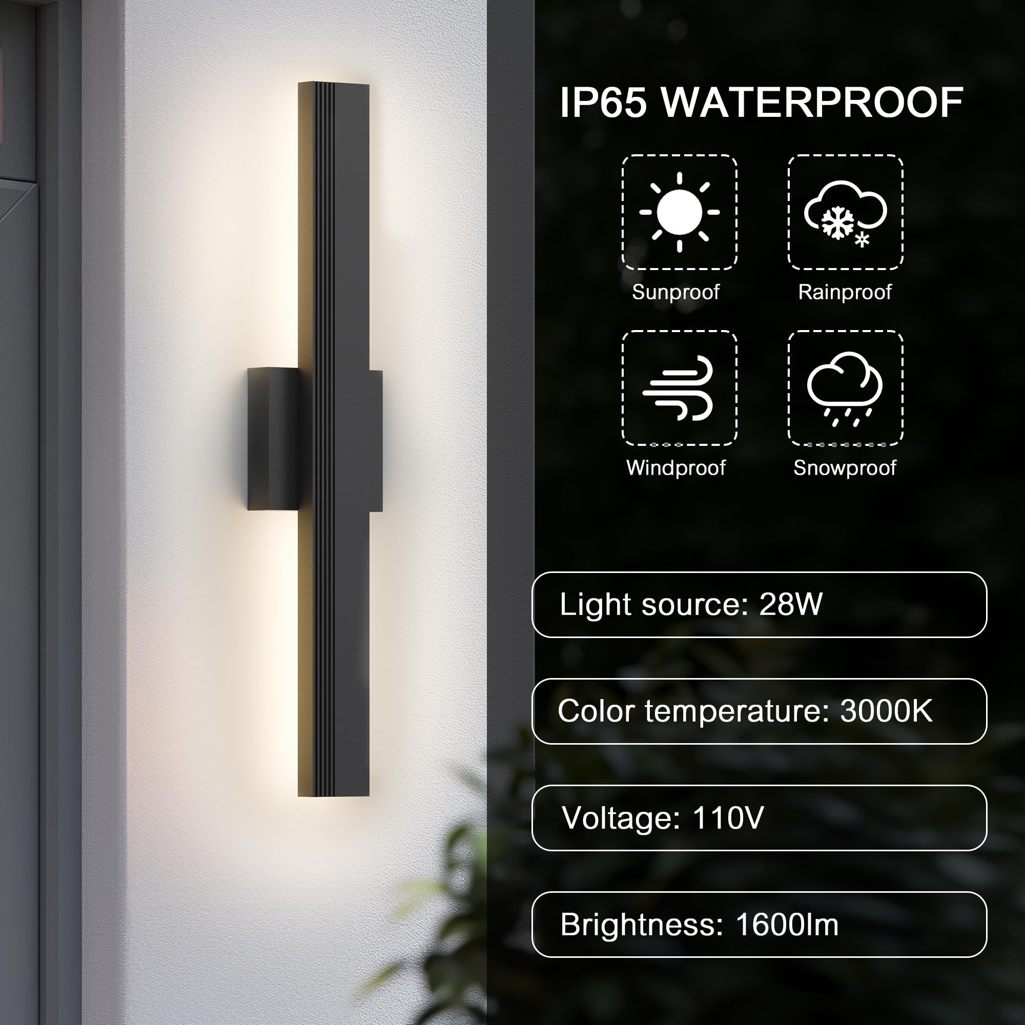 Lamqee 23.6 In Aluminum Long Outdoor Wall Light  3000K 1600Lm Integrated Led Waterproof Ip65  Linear Modern Exterior Lighting Fixtures Wall Mount Outside Sconce For House Porch Patio Garage Front Door