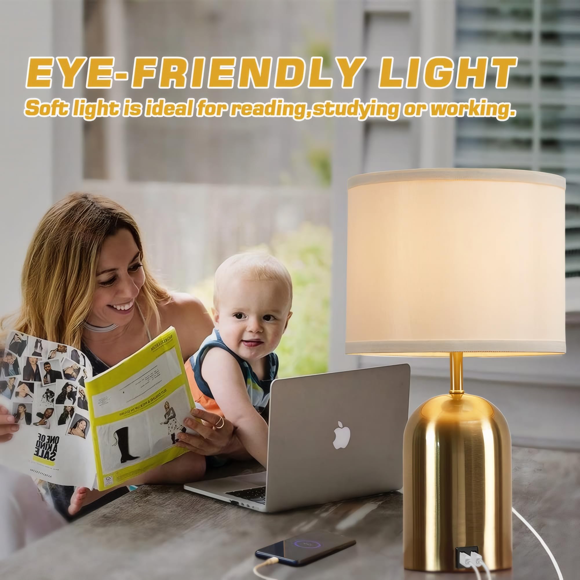 Gyrovu Touch Control Bedside Lamp, 3 Way Dimmable, Usb Port, Gold Fabric Shade, Led Bulb Included