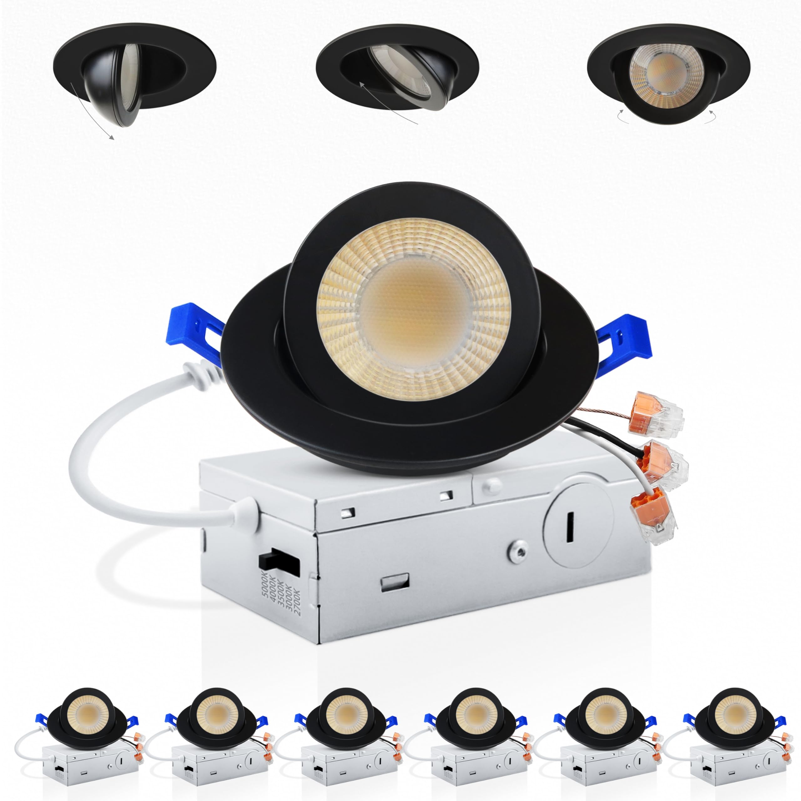Adetu 3 Inch 5CCT Gimbal Black Led Recessed Lighting with Junction Box, 2700K/3000K/3500K/4000K/5000K, 7W Eqv 80W, 360+90 Adjust