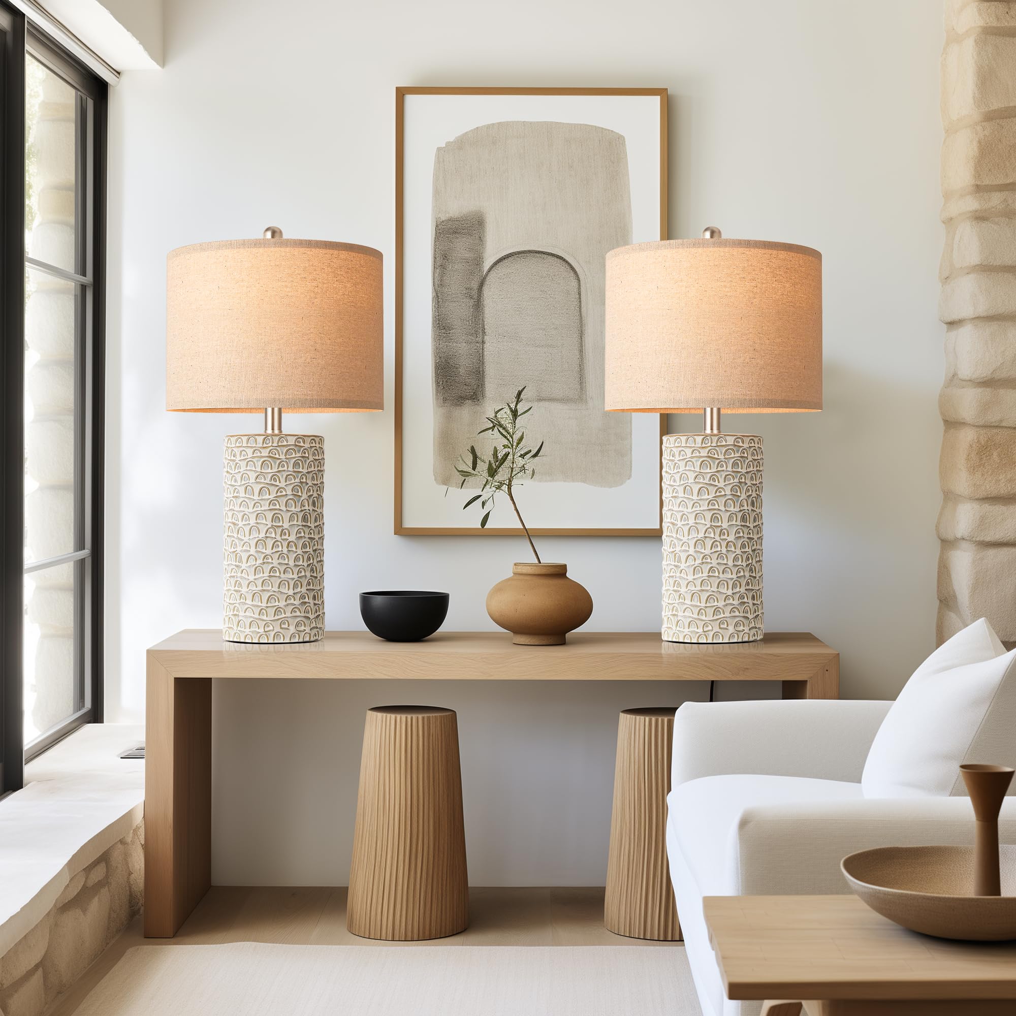 Partphoner Ceramic Table Lamp Set Of 2, 23 Grey & White Rustic Farmhouse Nightstand Lamps, Model Str-Dl-0005