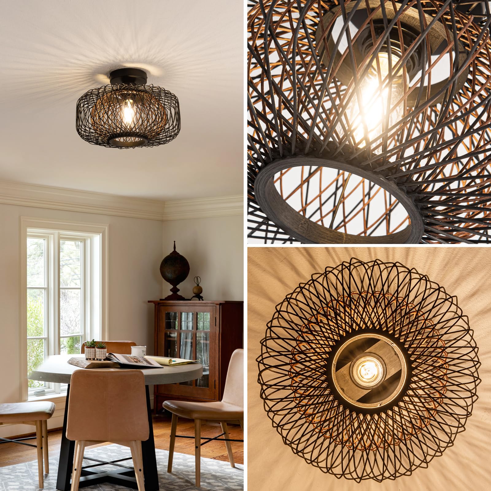 Tbaoinla 13" Hand-Woven Rattan Light Fixture Bedroom Light Fixture Boho Light Fixture Living Room Black Light Fixture Hallway Kitchen Farmhouse Light Fixtures Dining Room Light Fixture Black Brown