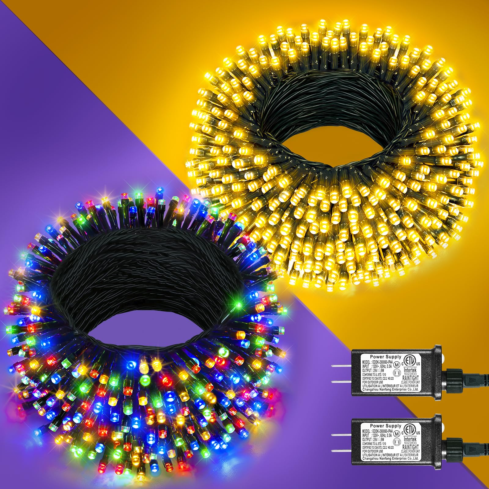 200FT 600 LED Christmas Lights Outdoor  2 Pack Christmas String Lights with Green Wire Waterproof  8 Mode Twinkle Tree Lights for Indoor Party Decorations  1 Pack Warm White & 1 Pack Multicolor