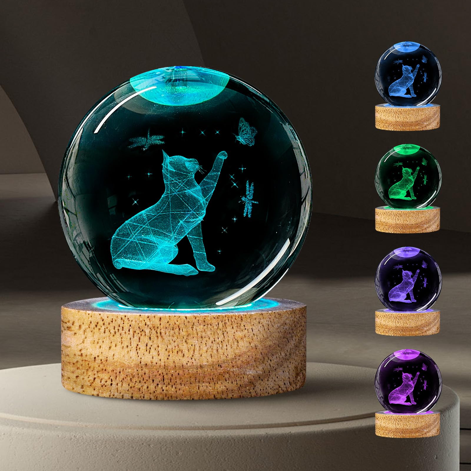 3D Crystal Ball Night Light Cat Lover Gifts for Women, 60mm Cat Figurines Glass Lamps With 16 Color and Remote, Cute Room Table 