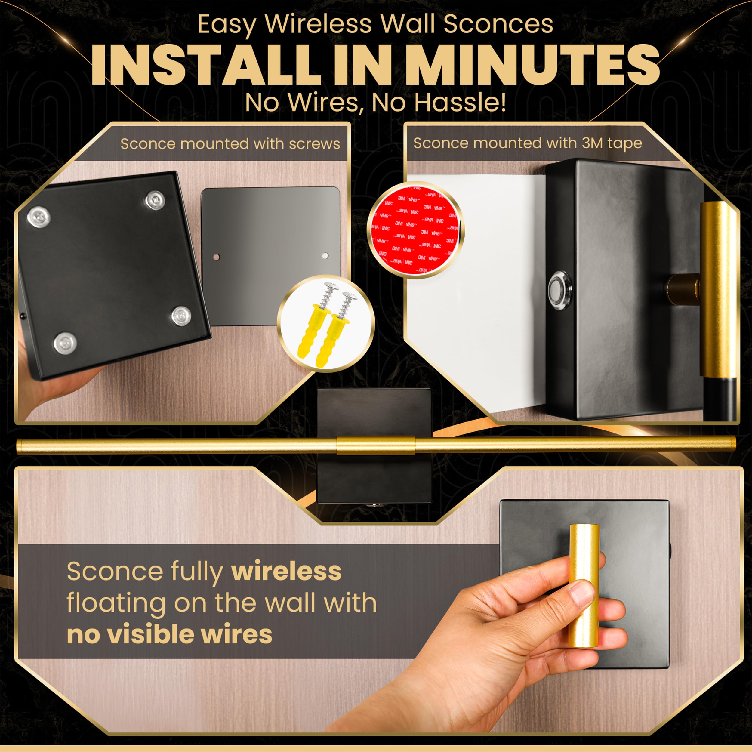 Battery Operated Wall Sconces Set of 2 with Interchangeable Black/Gold LED Bars, 2 Styles, 28 Inch, 10000mAh Long Lasting Rechar