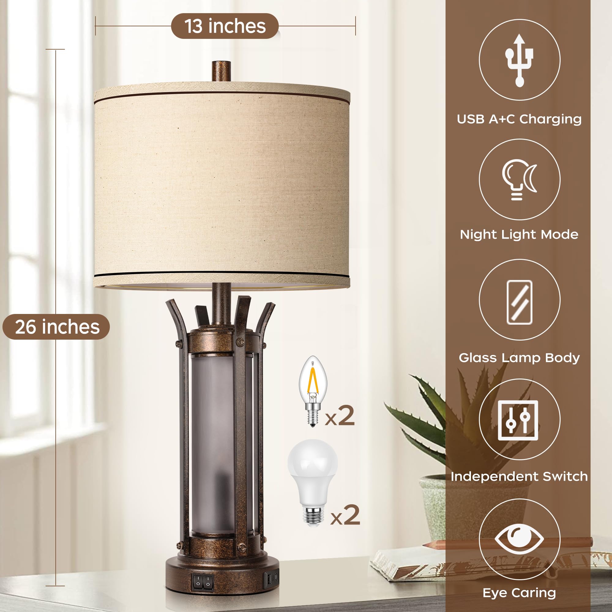 QiMH Rustic Farmhouse Table Lamps with USB Charging Ports, Frosted Glass Night Light, Bronze Finish, 4 Bulbs Included, Model STR-DL-0199