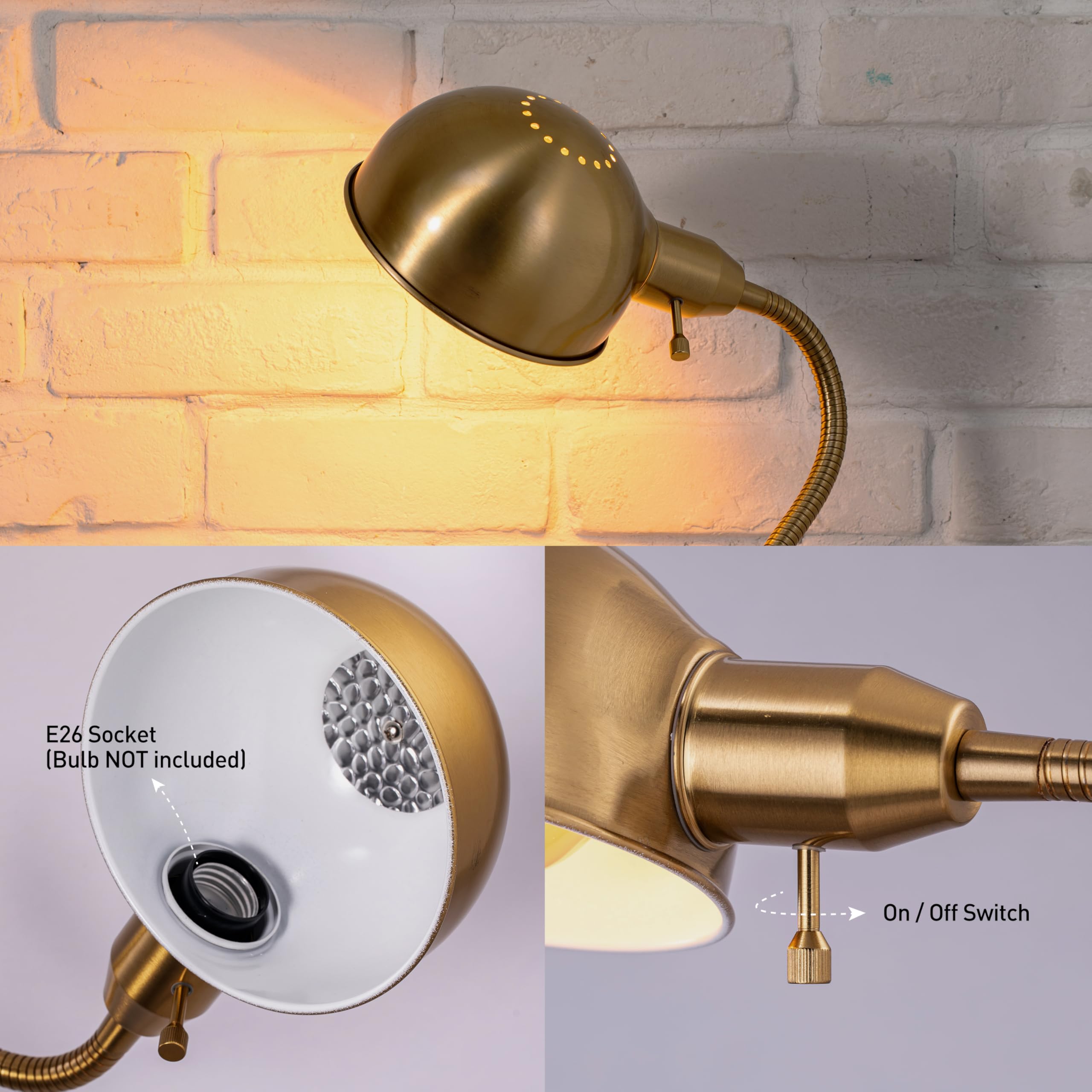 OBright Adjustable Floor Lamp - Flexible Gooseneck, Rotatable Shade, E26 Socket, 10-Inch Base, Antique Brass, Model OB-FL31S