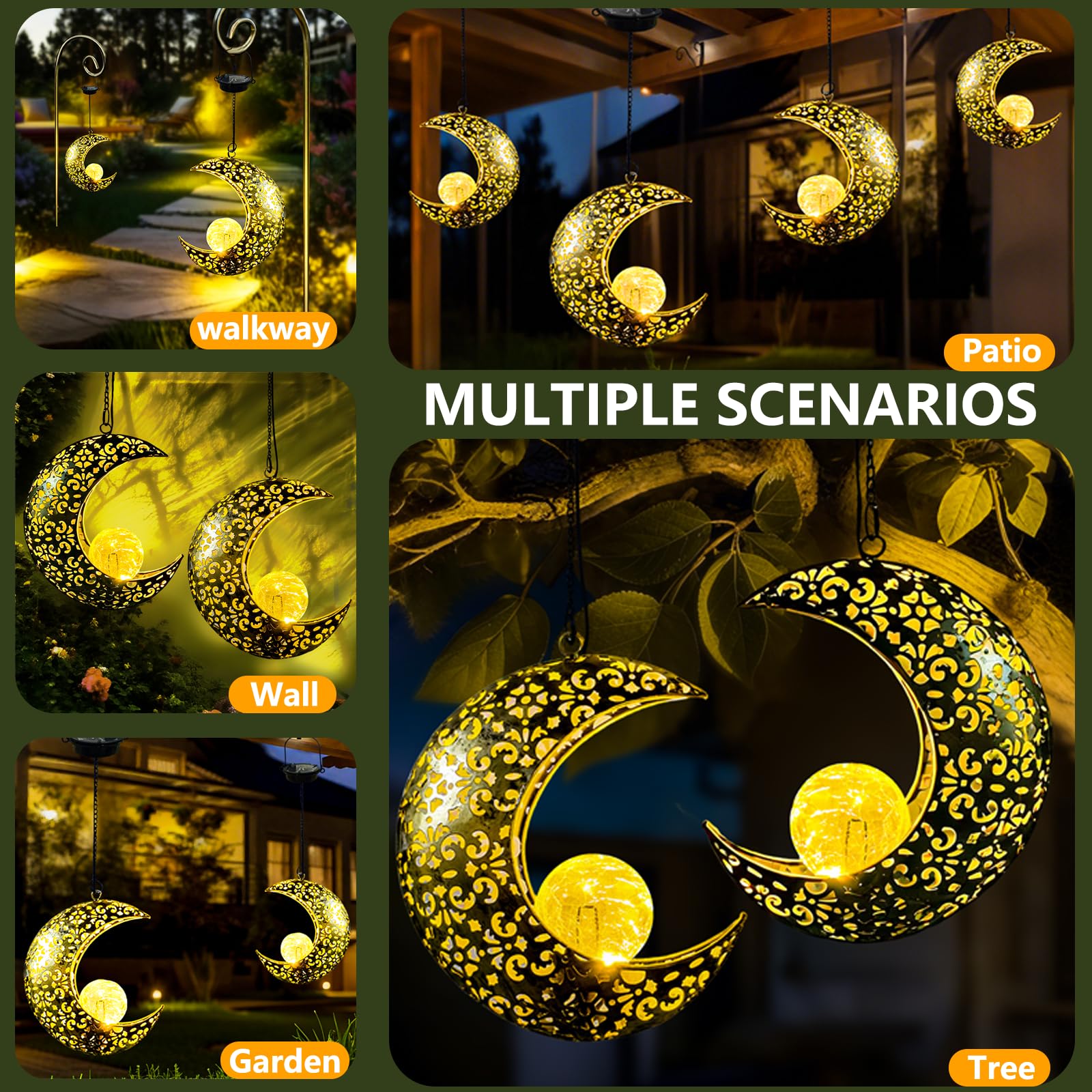 Qcf Solar Garden Hanging Moon Lights Outdoor Decor 2 Pack Metal Lanterns Art Decorations For Outside Yard Lawn Patio Wall Fences Driveway Trail Unique Housewarming Gardening Gifts For Women Mom