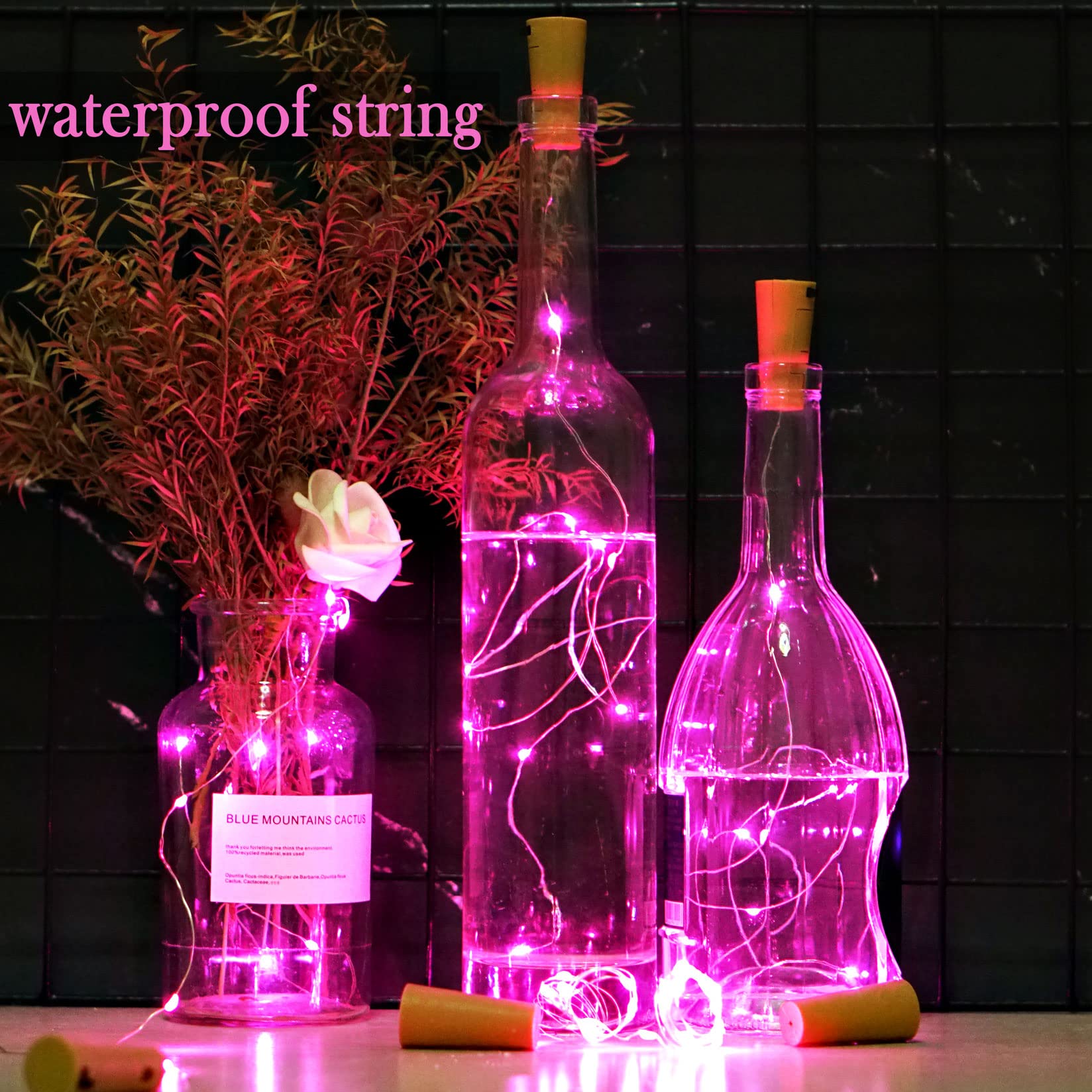 SmilingTown Wine Bottle Cork Lights, 15 Pack, 10 LED, 40 Inches, Battery Operated, Copper Wire, Pink