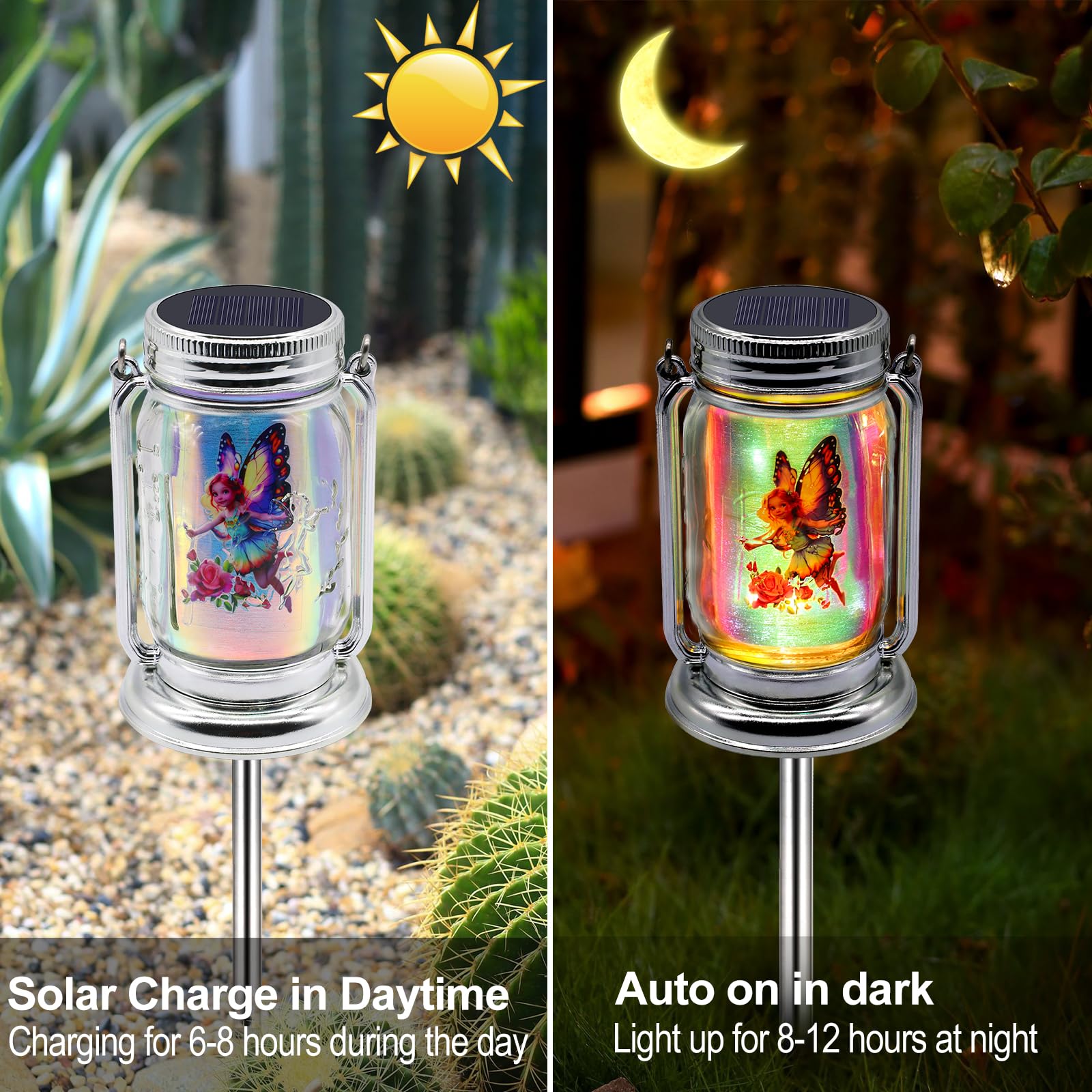 Angmln 2 Pack Solar Fairy Lanterns For Outdoor Garden, Adorable Fairies Theme In Silver Glass Mason Jars, Gifts For Mom, Grandma