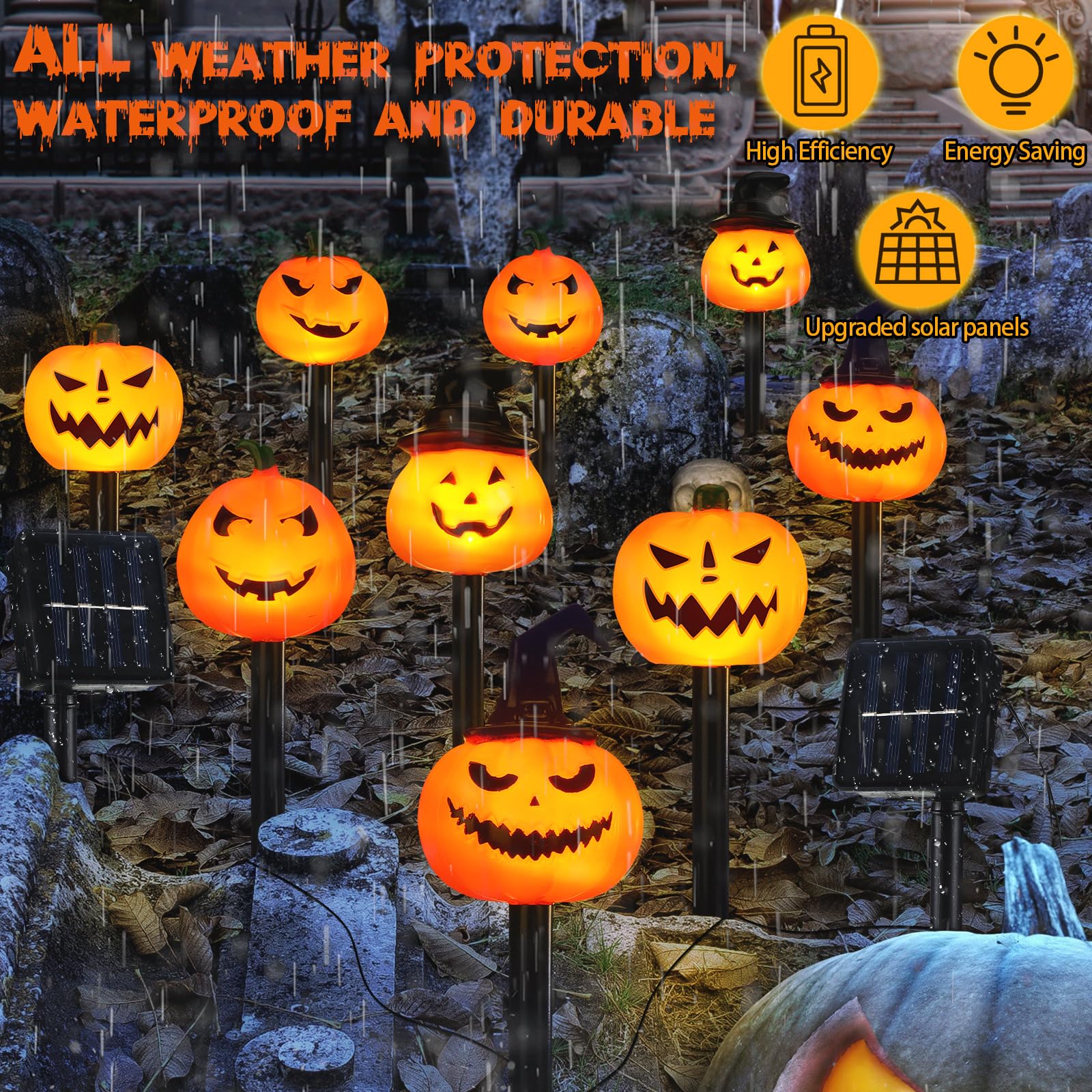 Retisee 10 Pcs Halloween Pumpkin Solar Lights Stakes Pumpkin Pathway Lights Outdoor Halloween Decoration Outdoor for Lawn Party