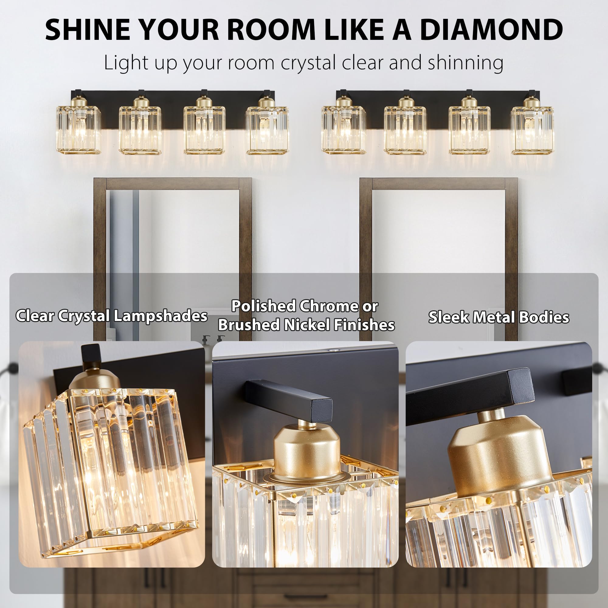 Bathroom Vanity Light Fixtures Over Mirror 4 Crystal Lights - Makeup Lighting Black Gold - For Modern Wall  Bath  Desk  Farmhouse  Hallway