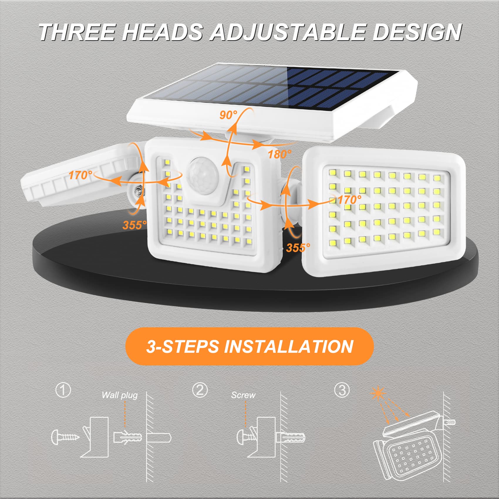 Incx 118 Led Solar Motion Lights Outdoor 2 Pack, 3 Heads Solar Security Lights With Motion Sensor Ip65 Waterproof, Flood Lights