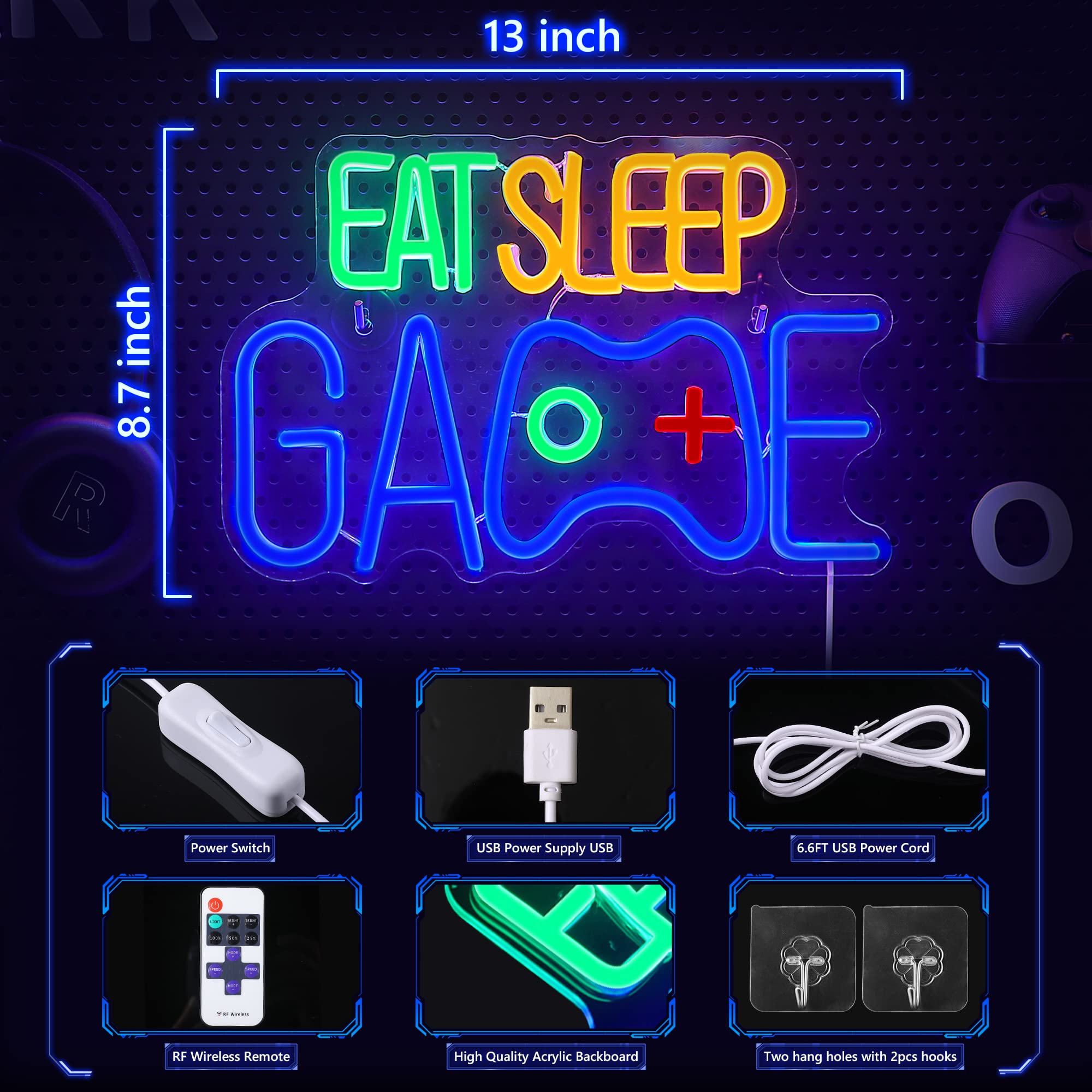 Enhon Neon Sign for Gamers, EAT SLEEP GAME Wall Decor, 8.7L x 13W, Blue, Acrylic, Model Enhon-Neon-0378