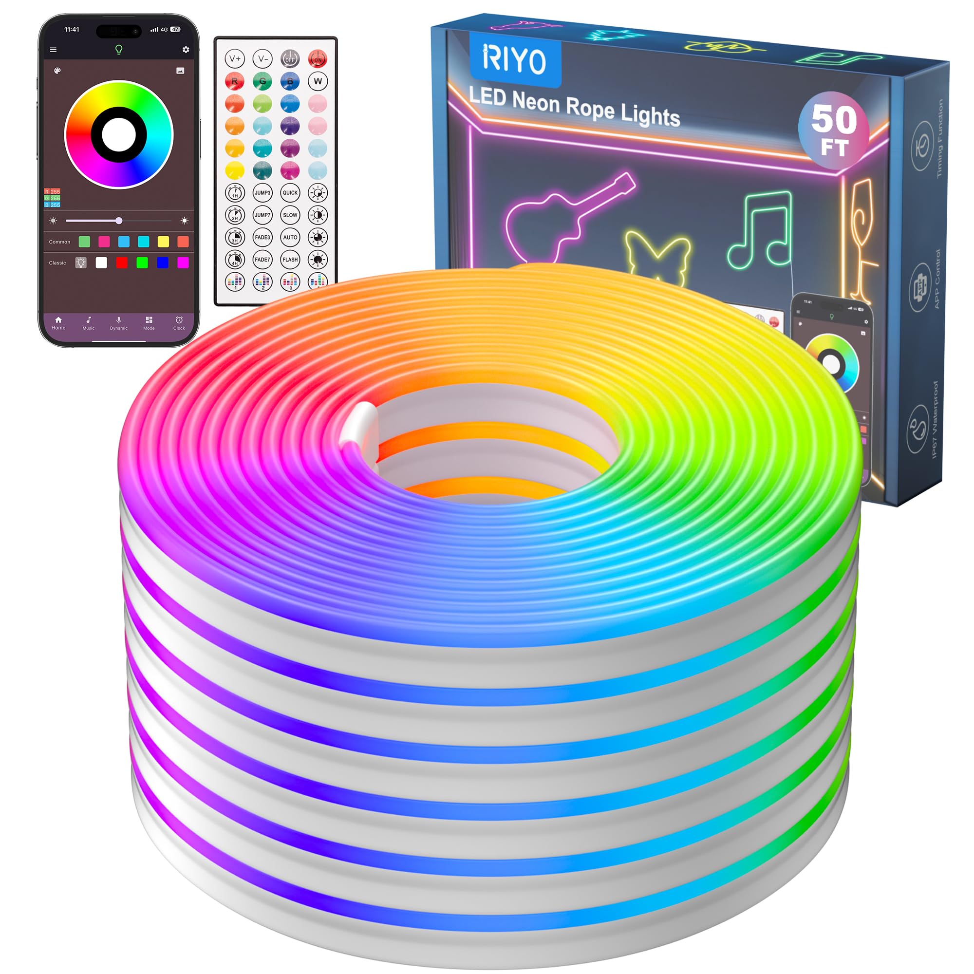 RIYO Neon Rope Lights, 50Ft RGB LED Strip, IP67 Waterproof, App & Remote Control, Music Sync, Multicolor