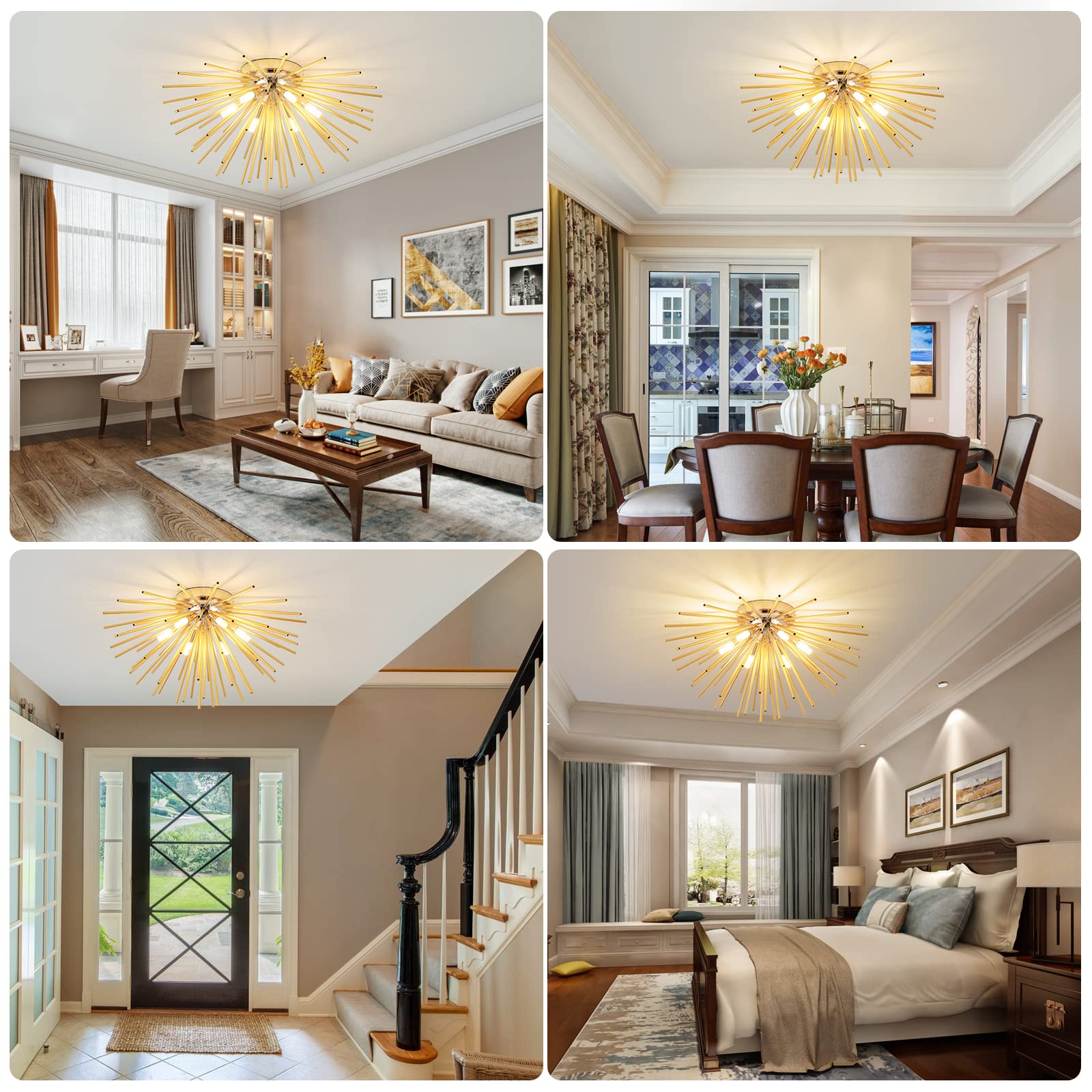 CM MZY Sputnik Flush Mount Ceiling Light, 6-Light Gold Modern Chandelier, 19.6" G9 Socket Fixture for Bedroom, Kitchen, Hallway