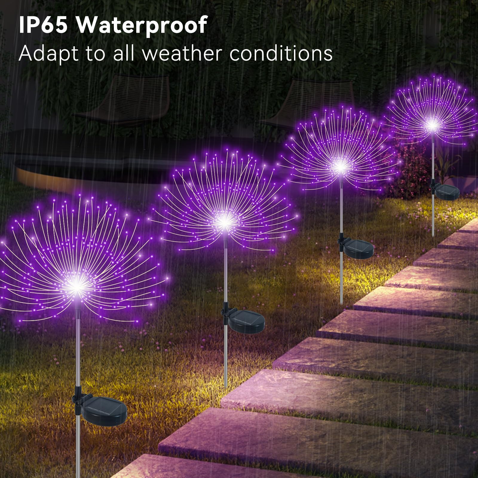 Slyuexu Solar Garden Lights - 120 LED Waterproof Firework Lights, 2 Pack, Purple, Model YF00016