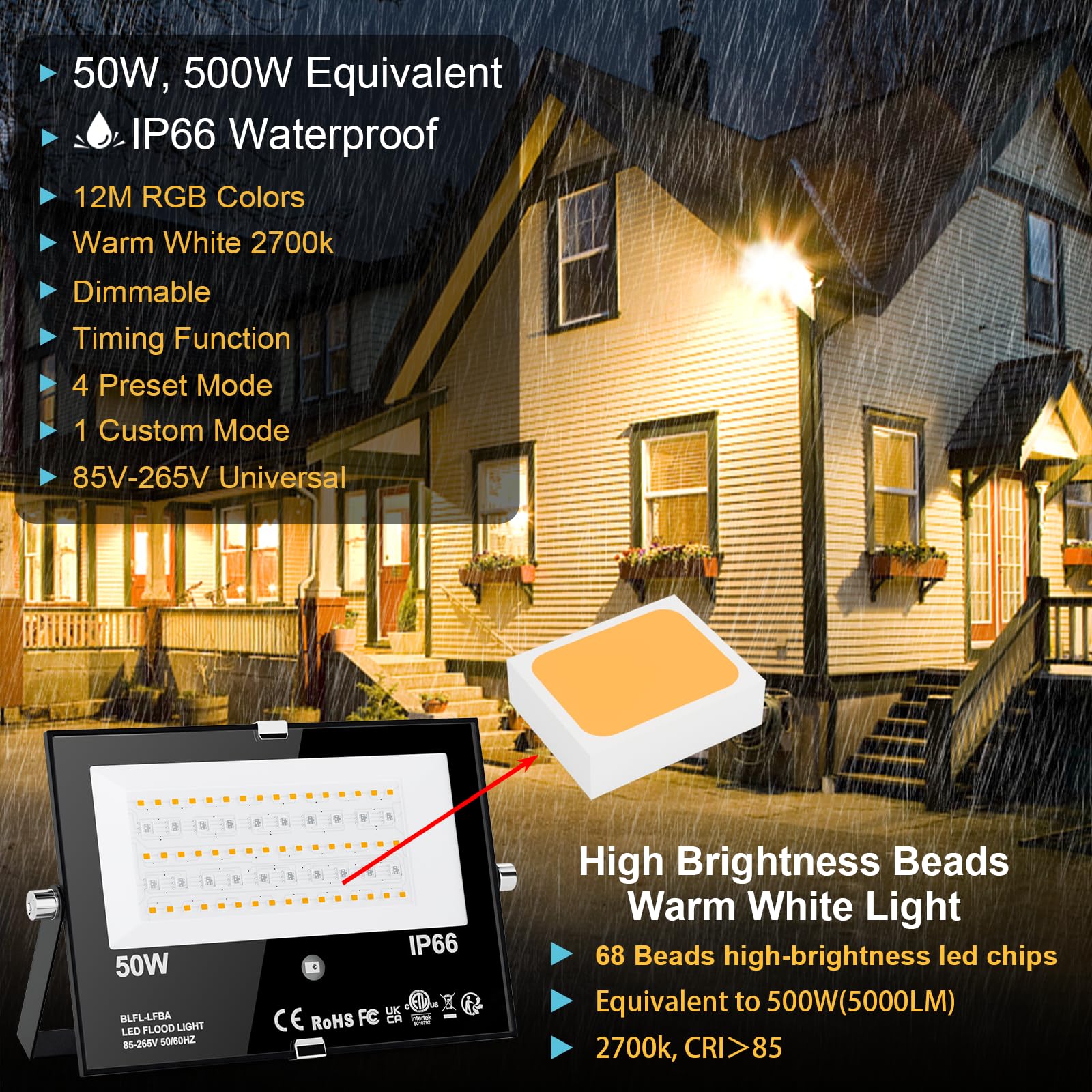 HYDONG LED Flood Light Outdoor 500W RGBW, 120 Colors Strobe, 2700K Warm White, IP66 Waterproof, 6-Pack with Stakes
