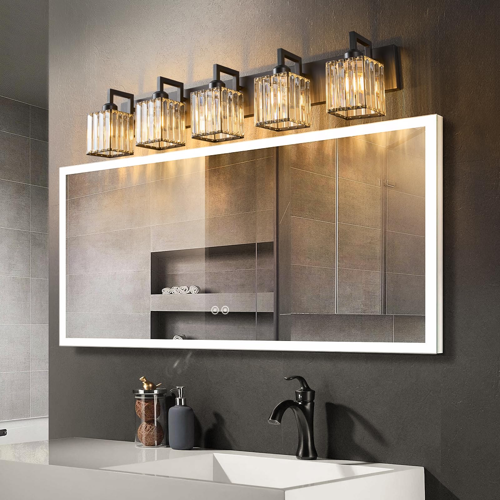 FDPBY Modern Crystal Bathroom Vanity Light - 5-Light Black Wall Lamp, Metal, Model JW-003