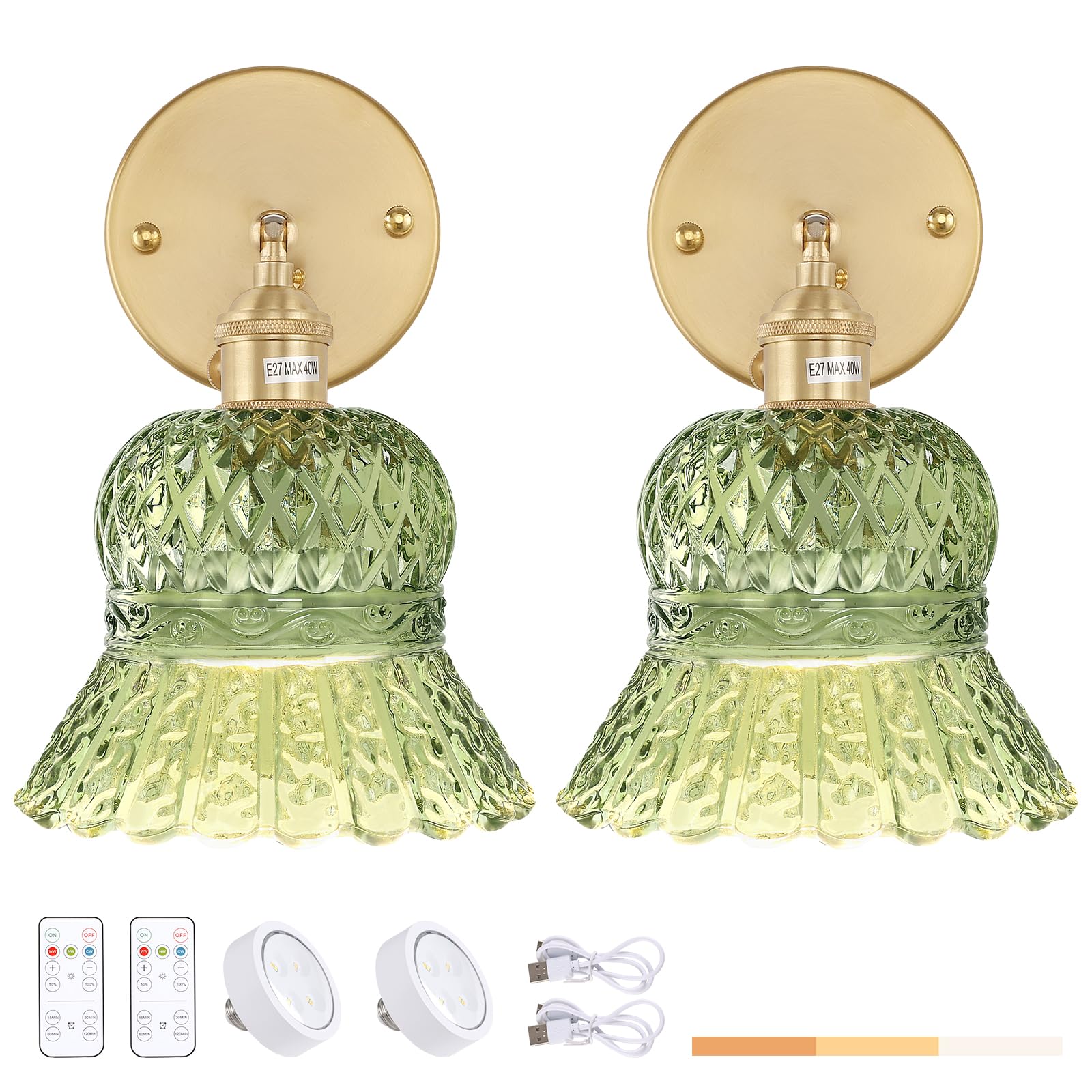 Shenmoyl Vintage Battery Operated Wall Sconces, 2 Pack, Rechargeable LED Light, Remote Control, Pineapple Green, Model 1-94969-sconc