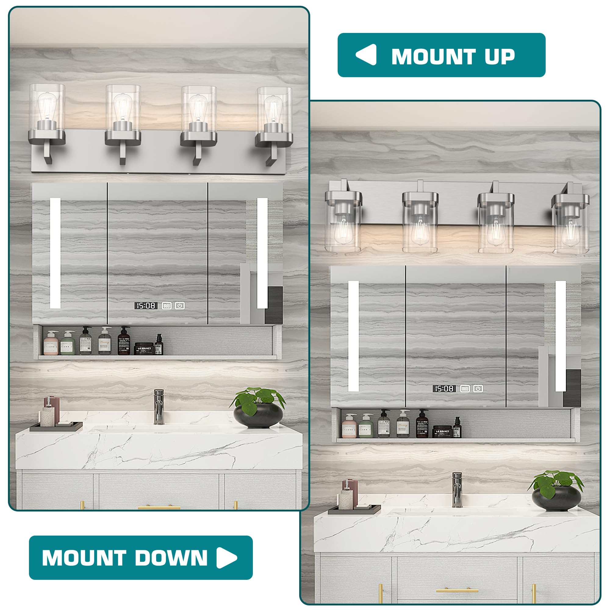 Danshinro 4-Light Brushed Nickel Bathroom Light Fixtures, Modern Vanity Lights with Clear Glass Shades, Model L23-4-NL