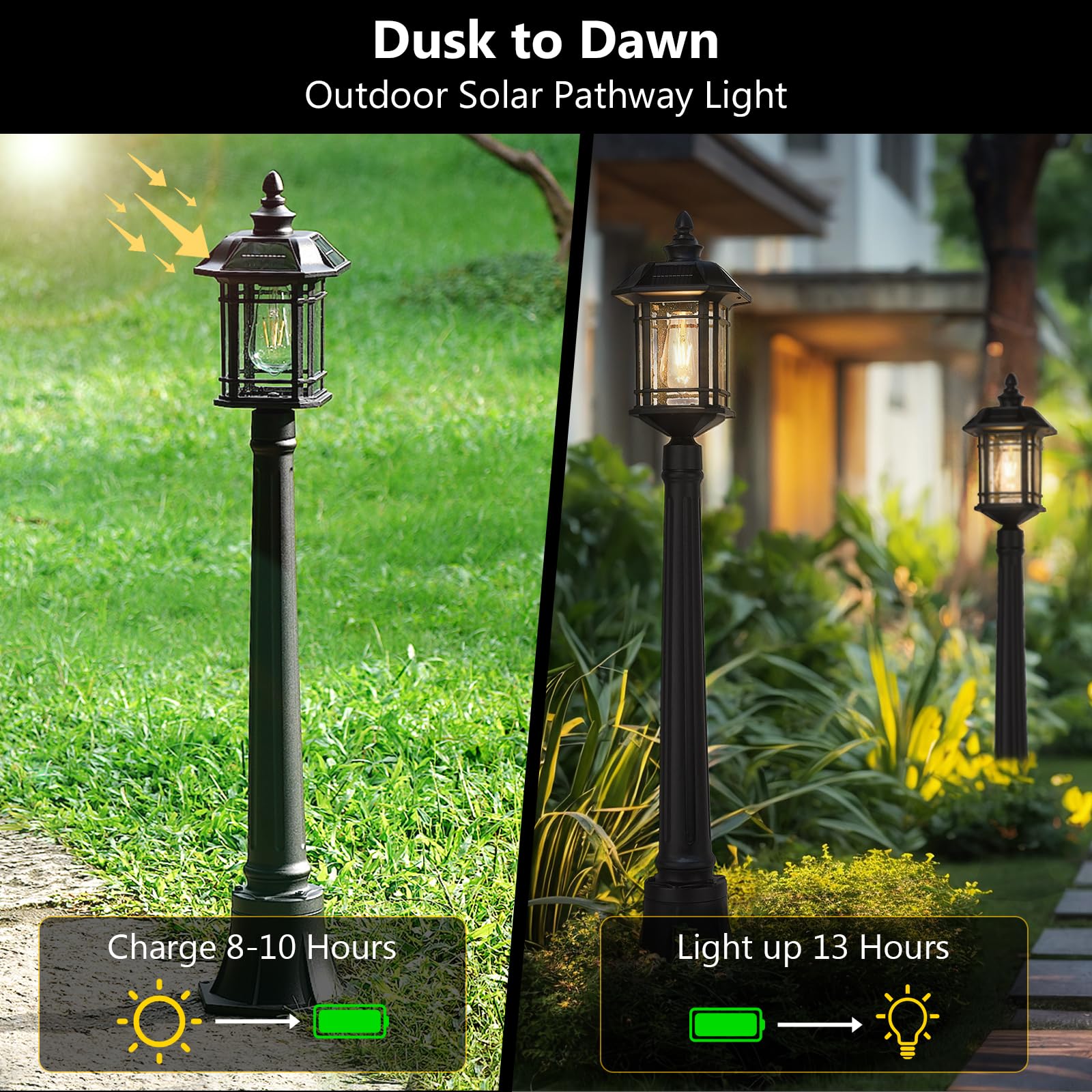 Emliviar Solar Powered Post Light - 40.9 Inch LED Pathway Light with Remote Control, Black Aluminum, Model 2084PL-SL BK, Dusk to Dawn