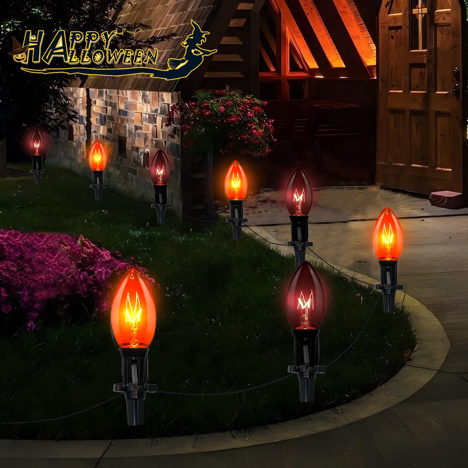 Egcol 19.5Ft Halloween Pathway Lights, 10 Pack C9 Orange & Black Bulbs, Connectable, UL Listed, Outdoor Garden Yard Driveway Law