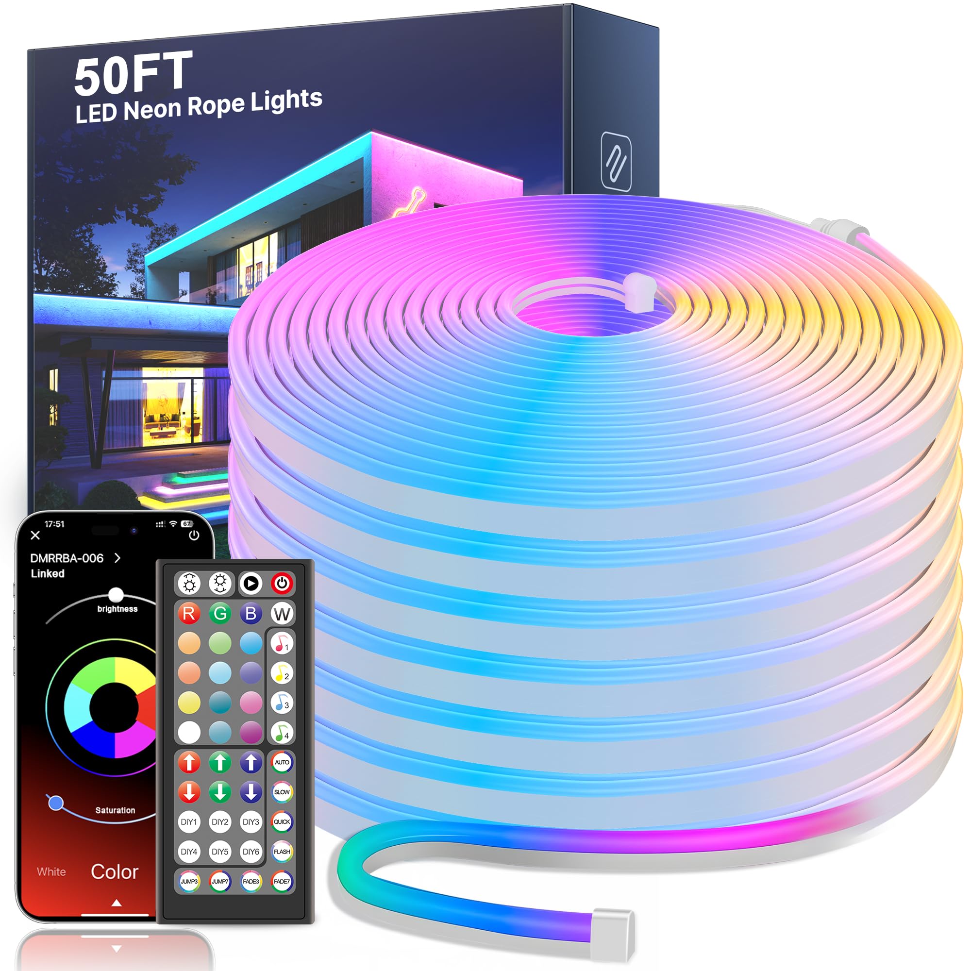 Fussion Led Neon Rope Lights 50Ft,RGB Led Strip Lights with App/Remote Control Music Sync Gaming Lights Outdoor IP67 Waterproof,