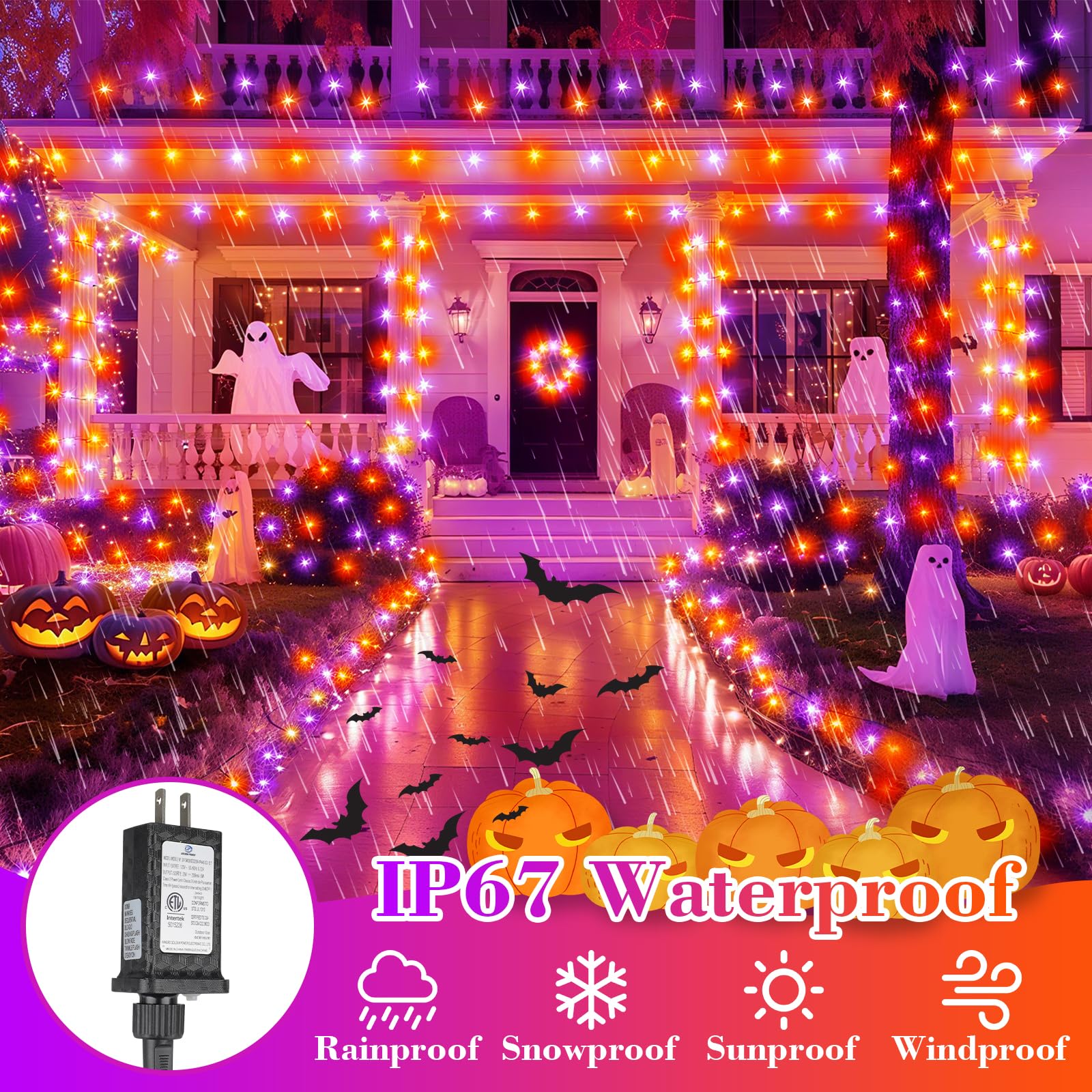MGYIF Halloween String Lights, 200 LED, Purple and Orange, Waterproof, 8 Modes, Timer, Model CX-36V-5000LHWW