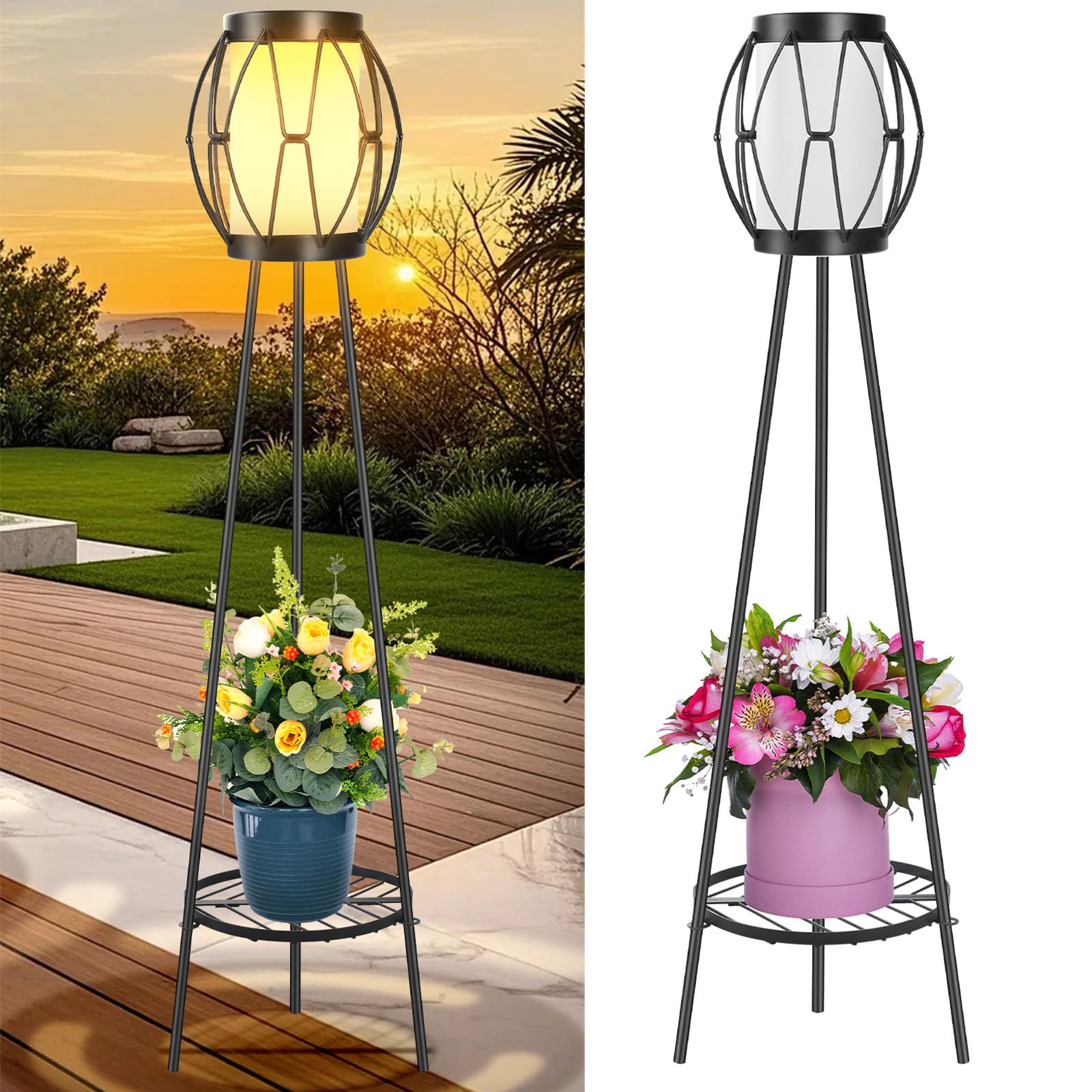 FQIIL Solar Powered Tripod Floor Lamp with Plant Stand - 36in Outdoor Patio Garden Yard Deck Porch Lighting Decor, Waterproof So