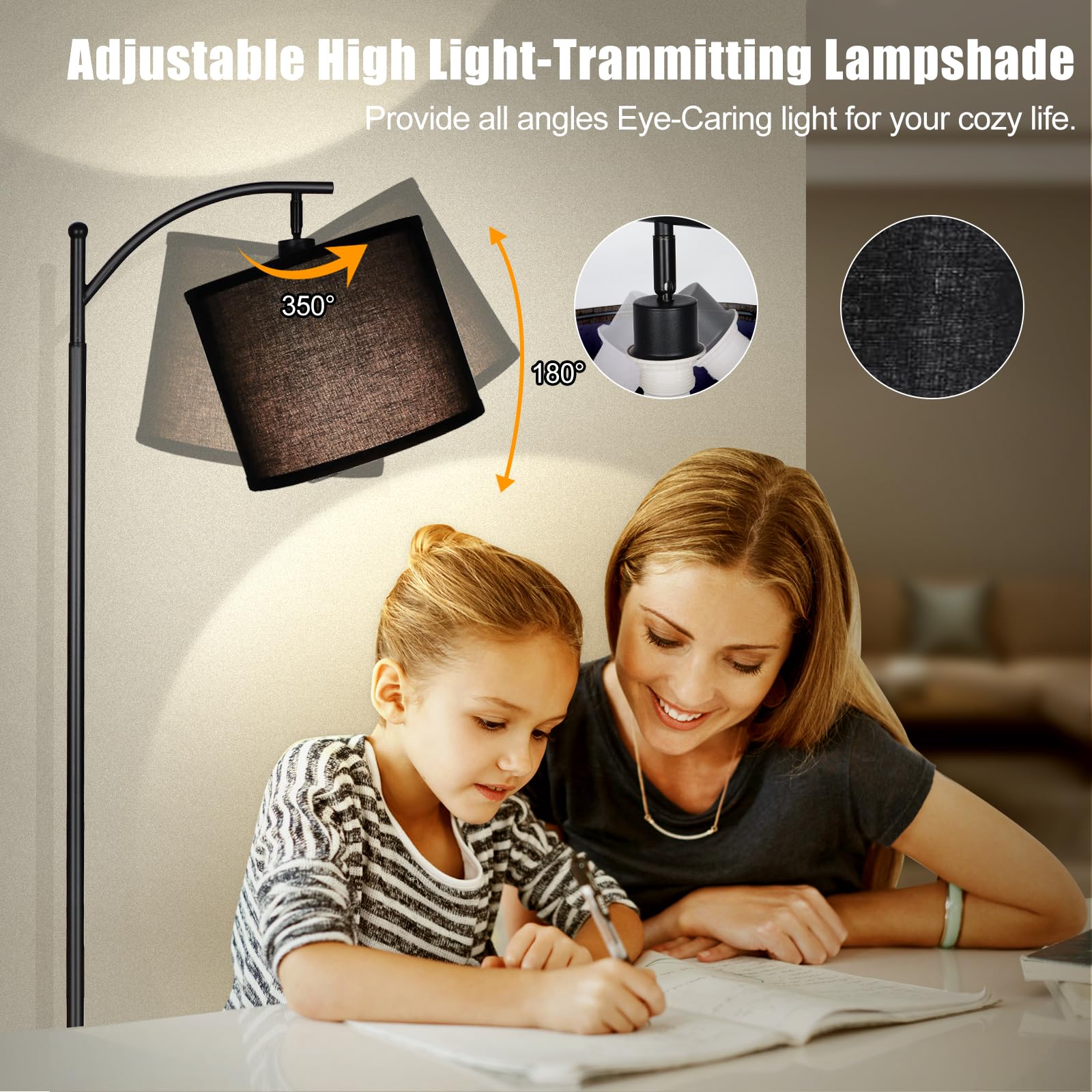 Mukuxin 12W Led Arc Floor Lamp With Remote, Dimmable Linen Shade, Black - Modern Living Room Light