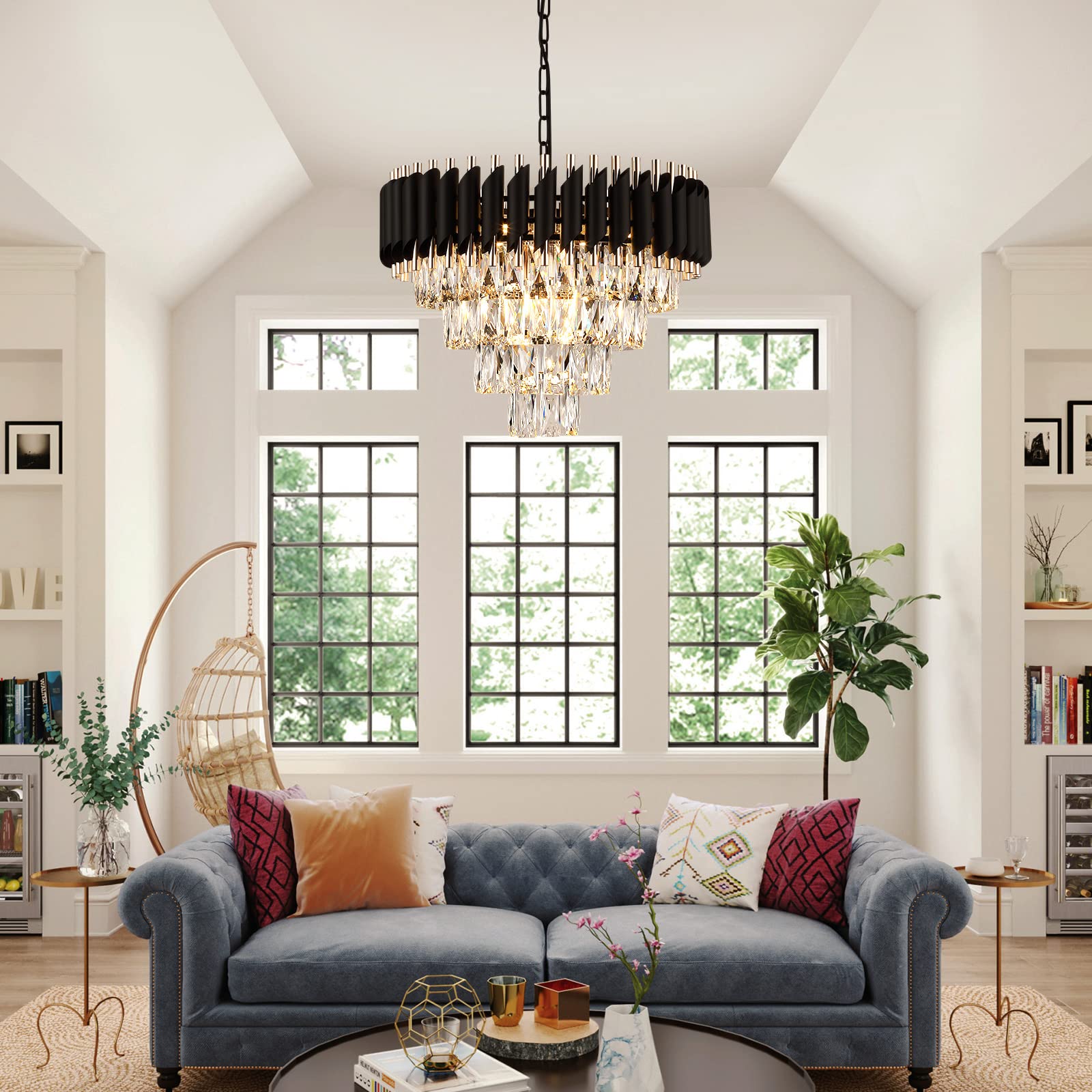 A AXILIXI Modern Crystal Chandelier 20in K9 Crystal Black & Gold 4-Tier Flush Mount Light Fixture Model 8801-500 for Dining Room Foyer