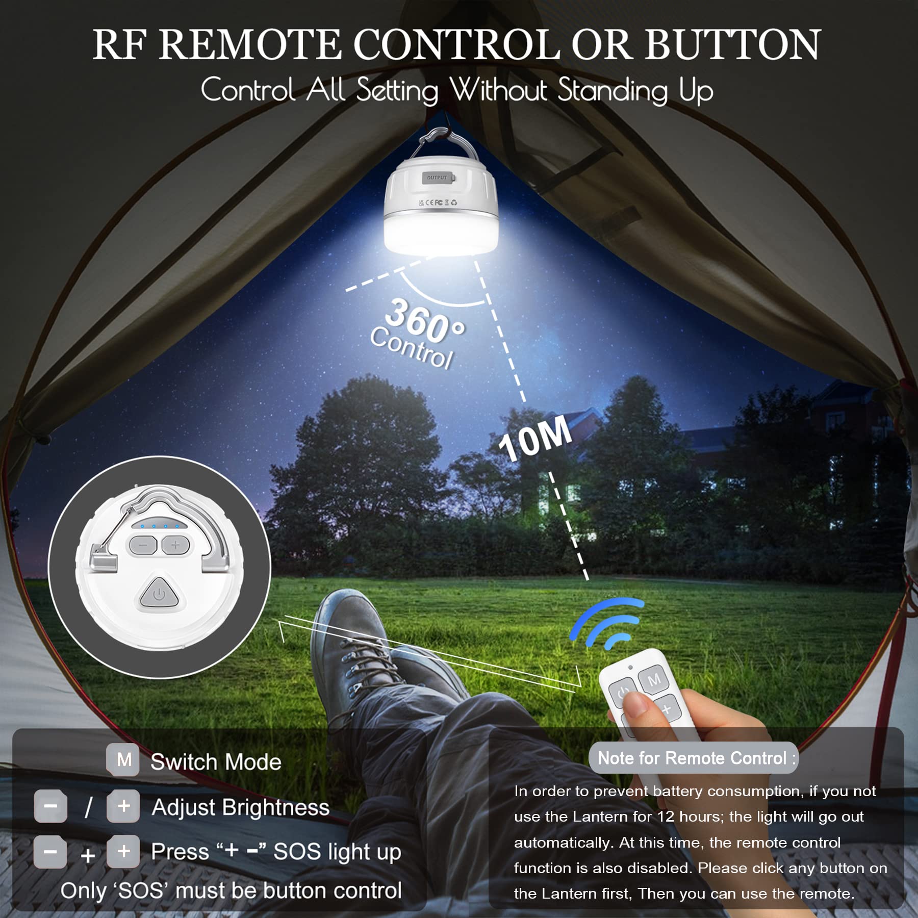 Sinvitron LED Camping Lantern - 1000LM, 150H Runtime, Rechargeable, Remote Control, 1 Pack, White, Model C5-P