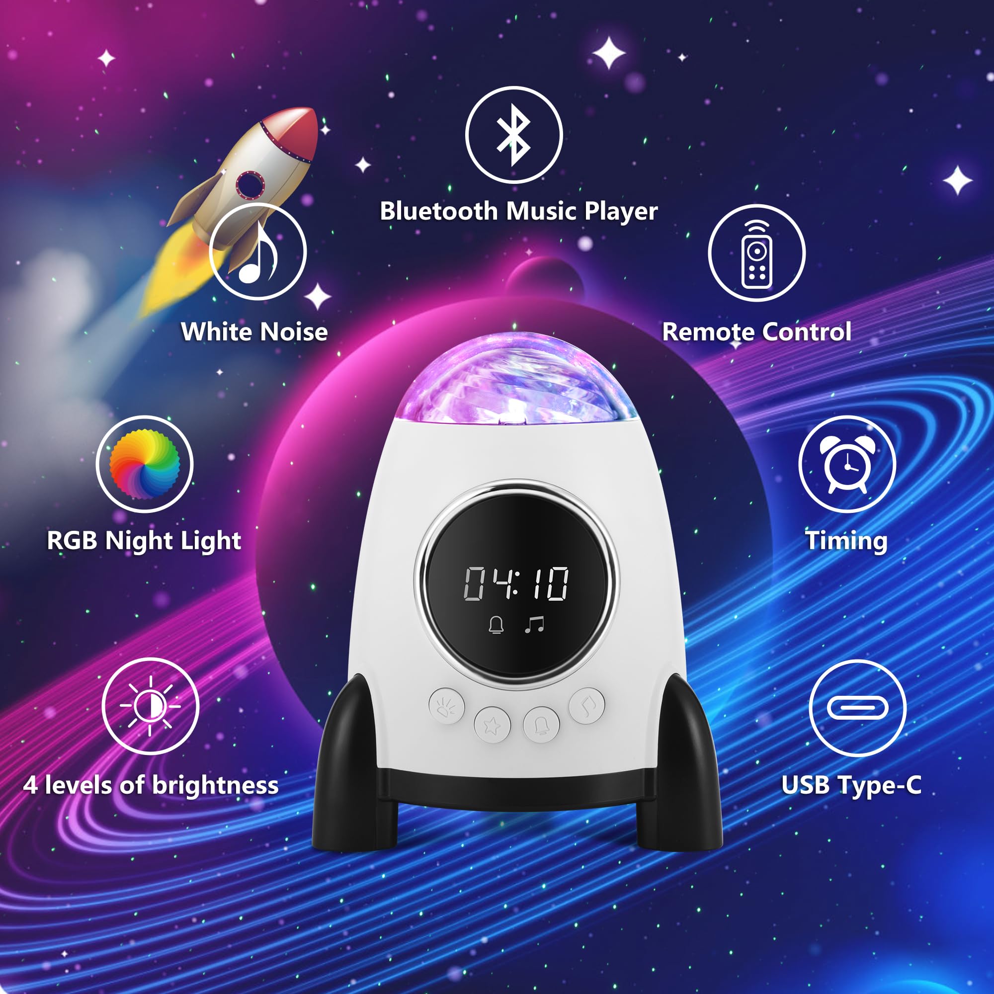 Konchile Star Projector With Alarm Clock,Rocket Galaxy Projector For Bedroom, Bluetooth Speaker And White Noise Aurora Projector
