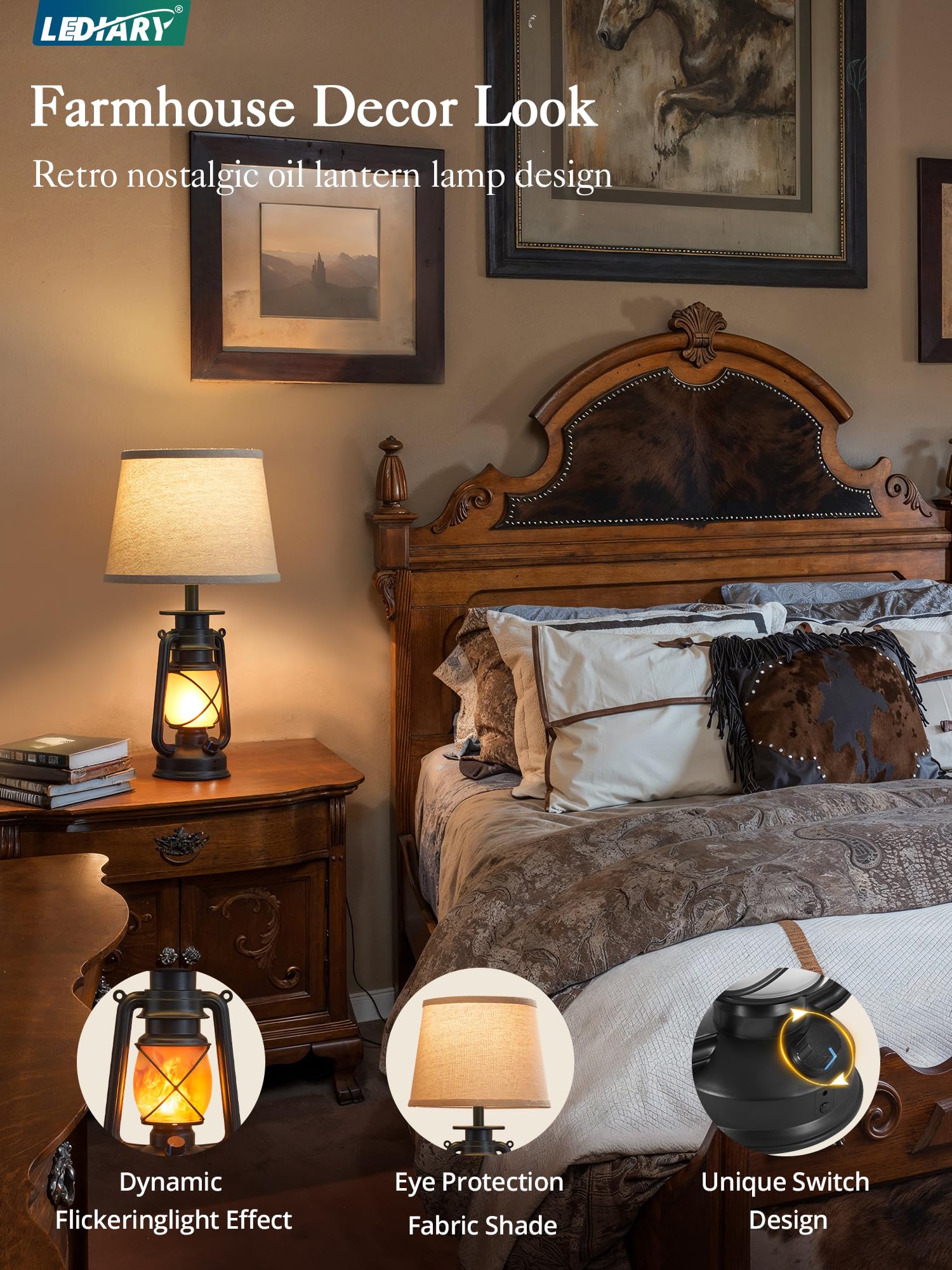 LEDIARY 18.72" Blow-Controlled LED Lantern Table Lamps, Set of 2, Rustic Black for Bedrooms & Living Room, Halloween Decorative Lighting