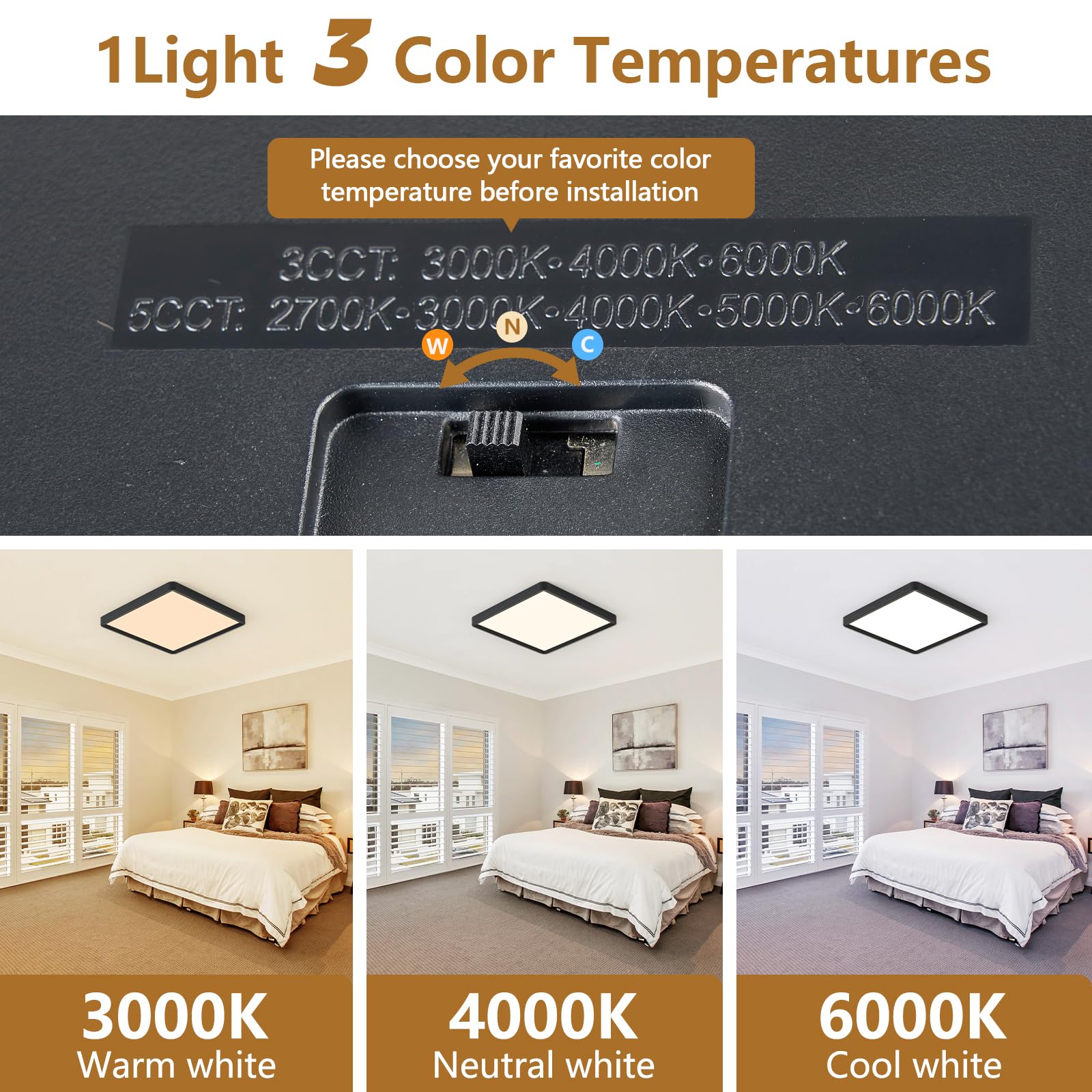 12 Inch Square Led Flush Mount Ceiling Light, 30W, 3000Lm, Selectable 3000K/4000K/6000K Cct, Flat Panel Ceiling Light Fixture Fo