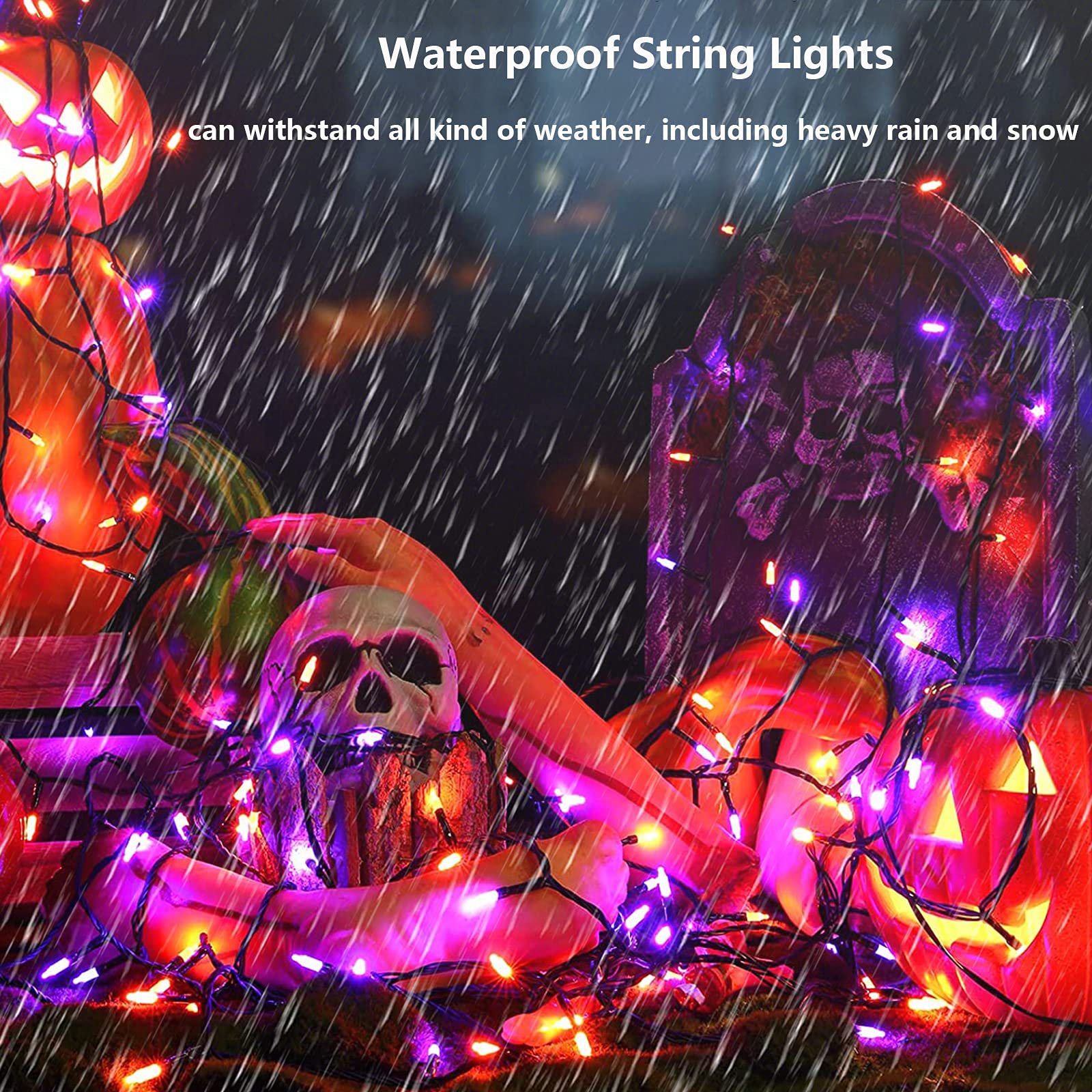 Joomer 33ft 100 LED Mini String Lights, Battery Operated, Waterproof, 8 Modes, Orange Purple for Halloween Decorations