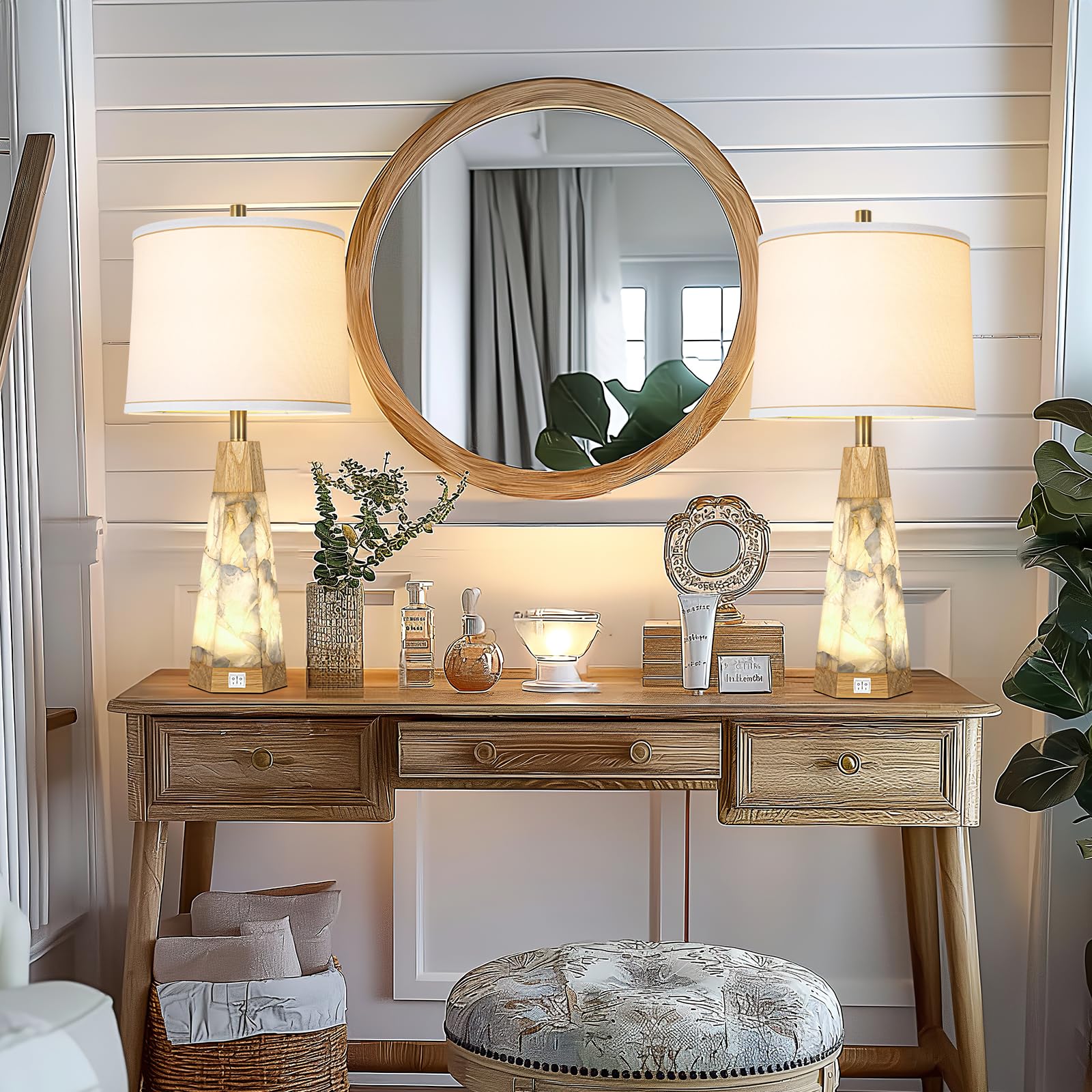 Kivditzo Natural Alabaster & Wood Table Lamp Set Of 2 With Usb Ports & Linen Shade