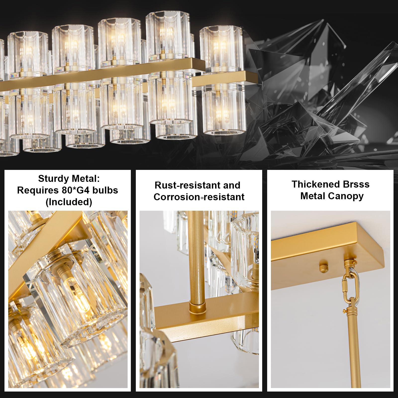 Crystal Brass Rectangular Chandelier Light Fixture,72 In Dining Room Chandelier Over Table,Modern Chandelier For Living Room,Arc