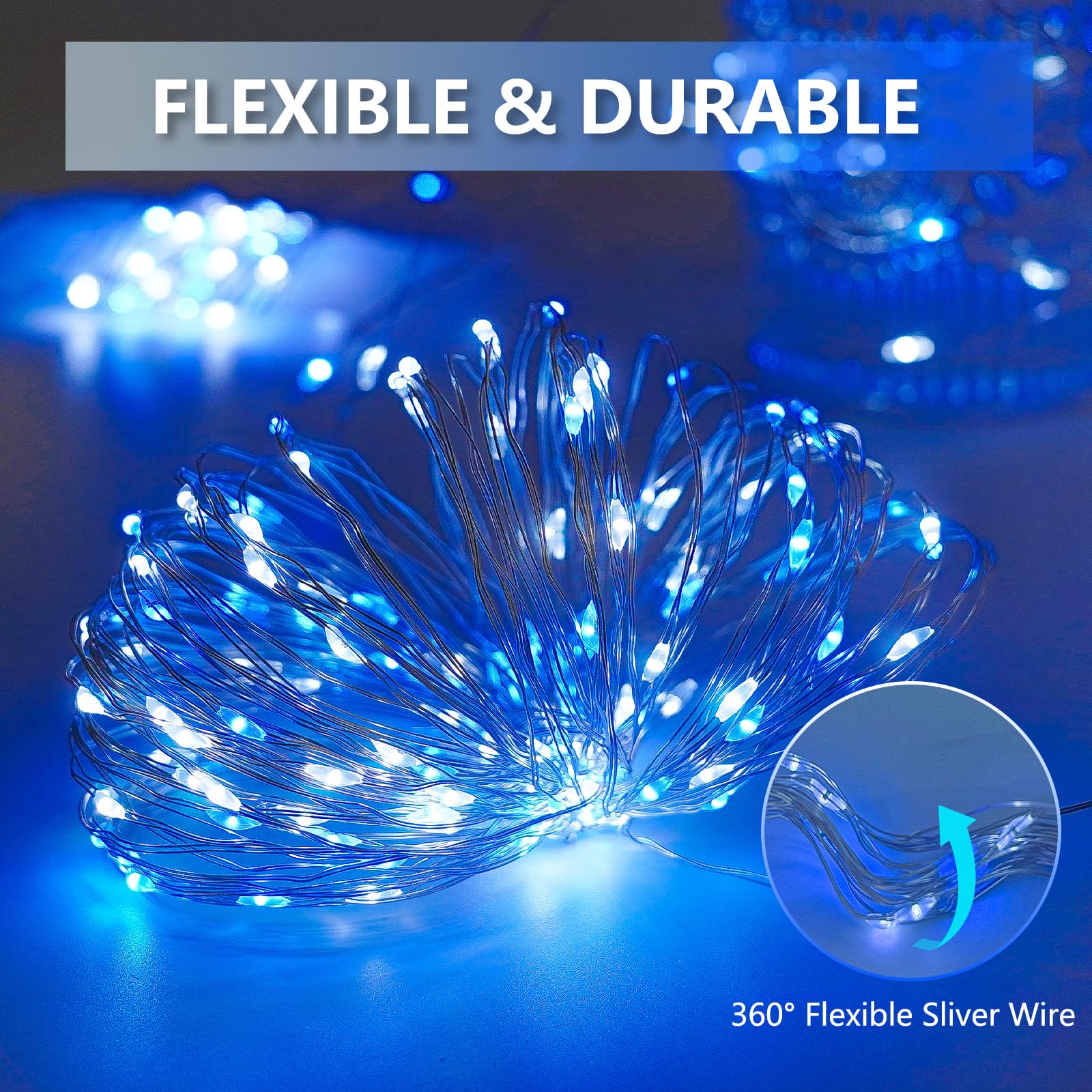 SANJICHA Solar String Lights, 144FT, 2 Pack 400LED, Waterproof Copper Wire, 8 Modes, Blue and White