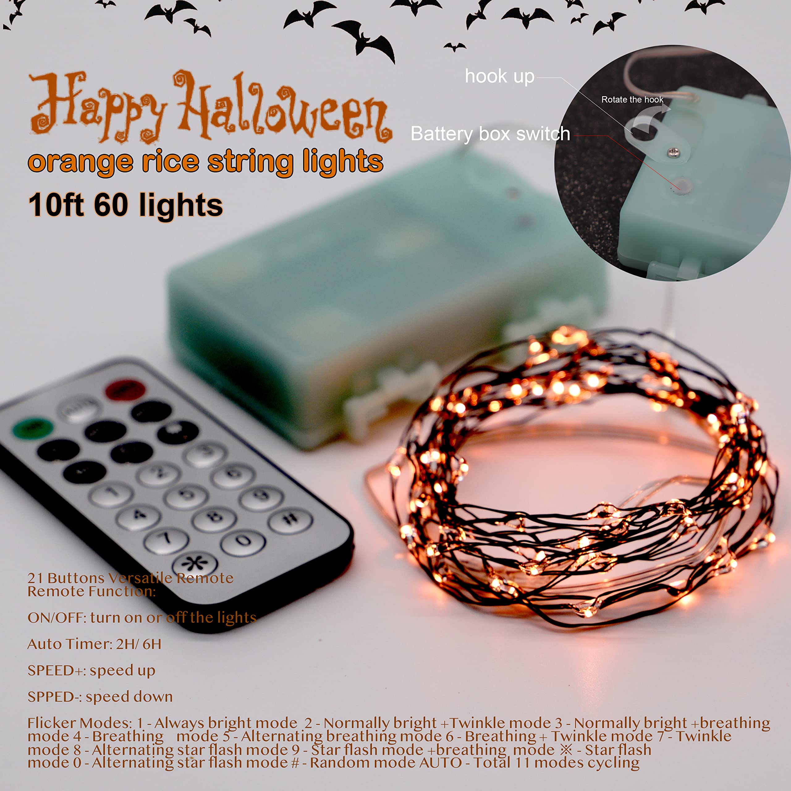 Xiwu Halloween Fairy Lights 10Ft 60 Leds Fall String Lights Battery Operated With Timer Remote For Halloween Fall Pumpkin Garland Mantle Thanksgiving Indoor Autumn Decorations(Orange)