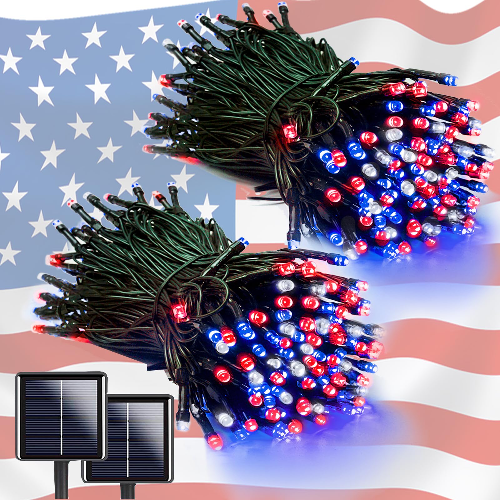 Eew 2Pk Red White And Blue Solar String Lights Outdoor Waterproof, Solar Powered Led Patriotic Lights 200 Led, Solar Tree Lights