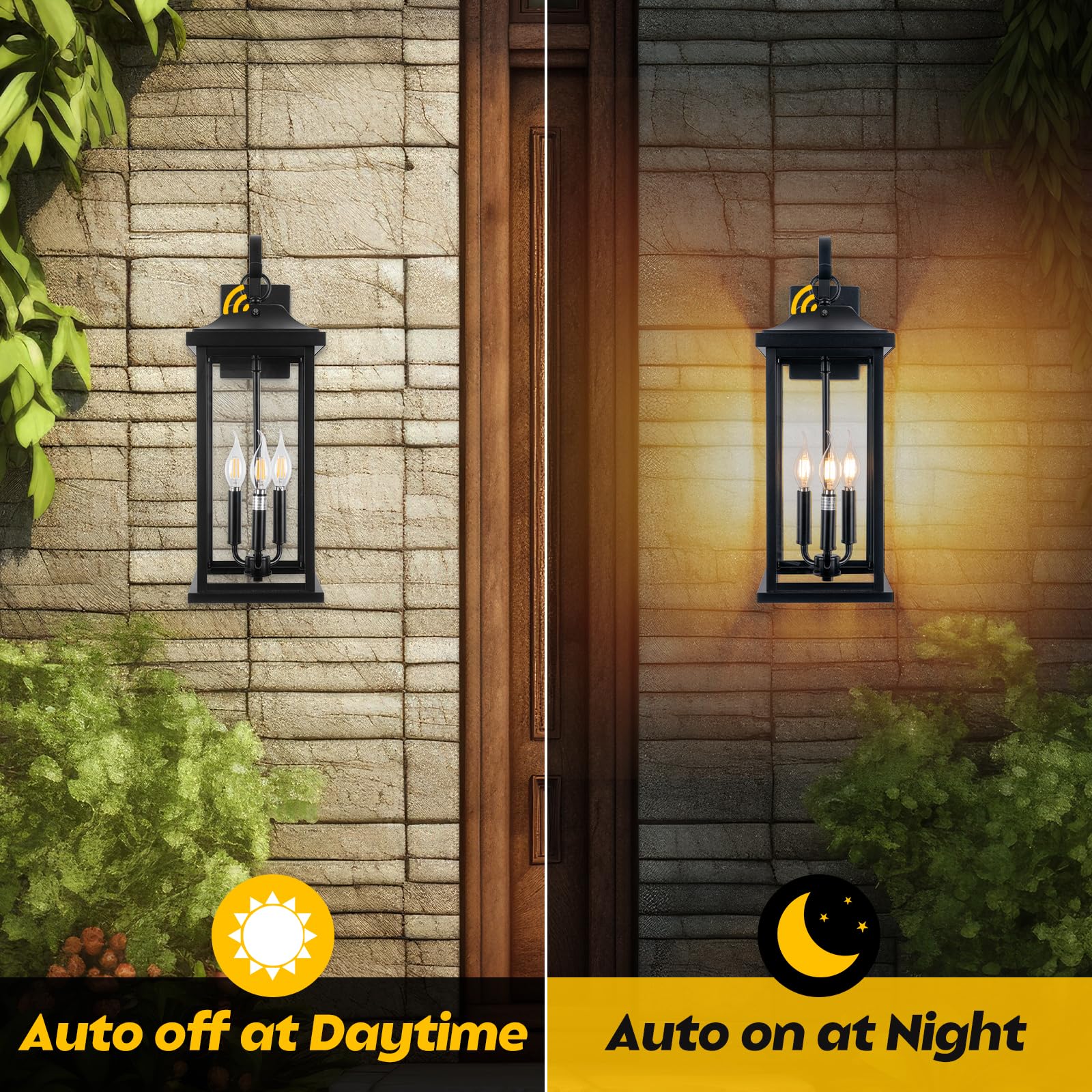 Roravilila 2-Pack Dusk to Dawn 23" Outdoor Wall Lights, Matte Black, IP65 Waterproof, E12, 3-Light Modern Lanterns