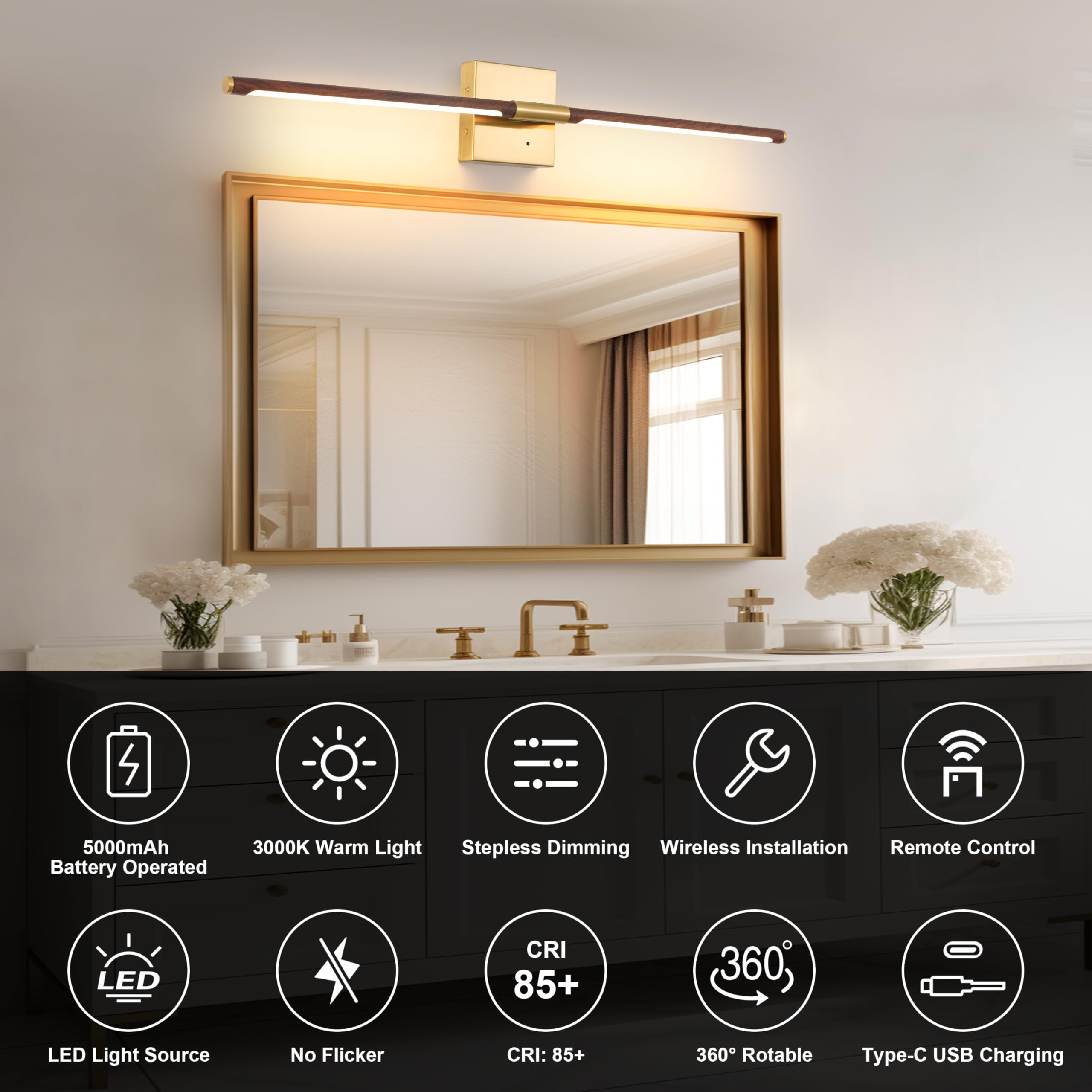 Morauroral 40in Walnut Gold Dimmable Battery Operated Wall Sconces with Remote Control, LED Wireless Lighting, Model 7812