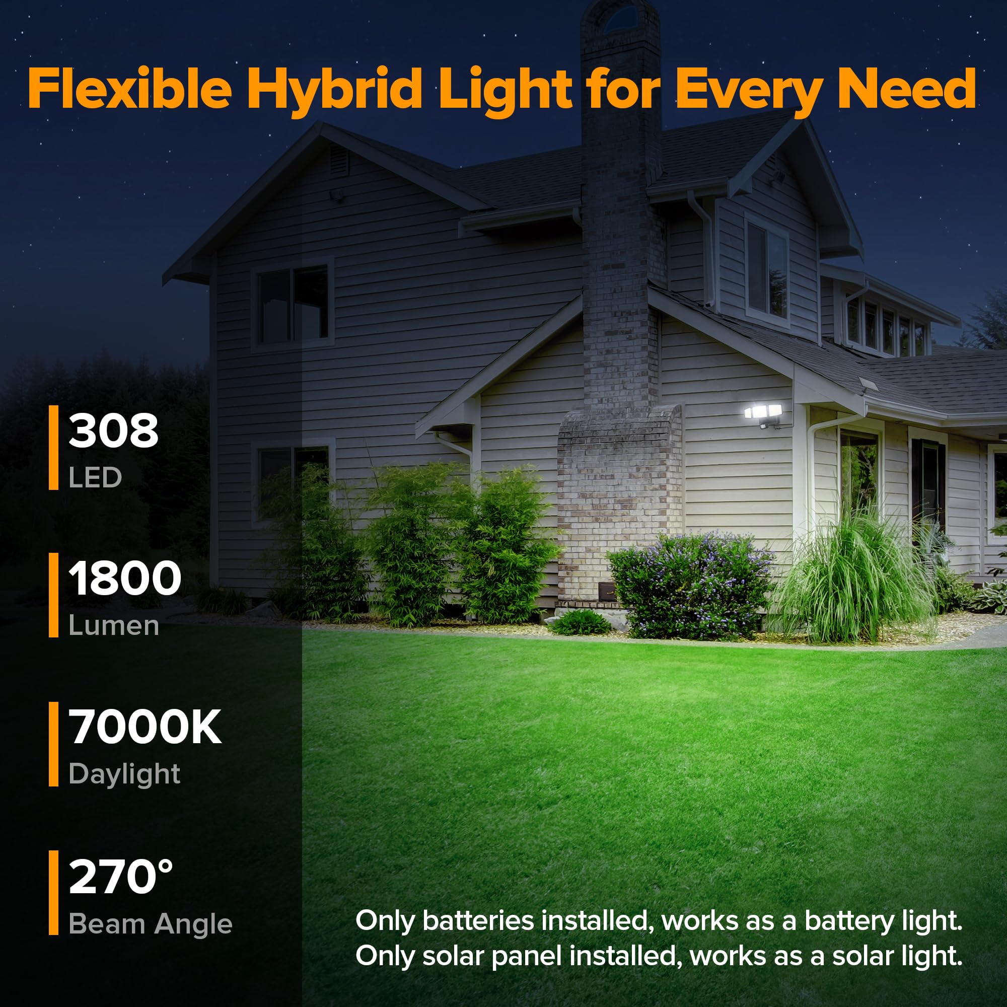 UME Hybrid Solar Motion Sensor Flood Lights, 302 LED, 1800LM, IP65 Waterproof, 3-Head, Black, Model 692610