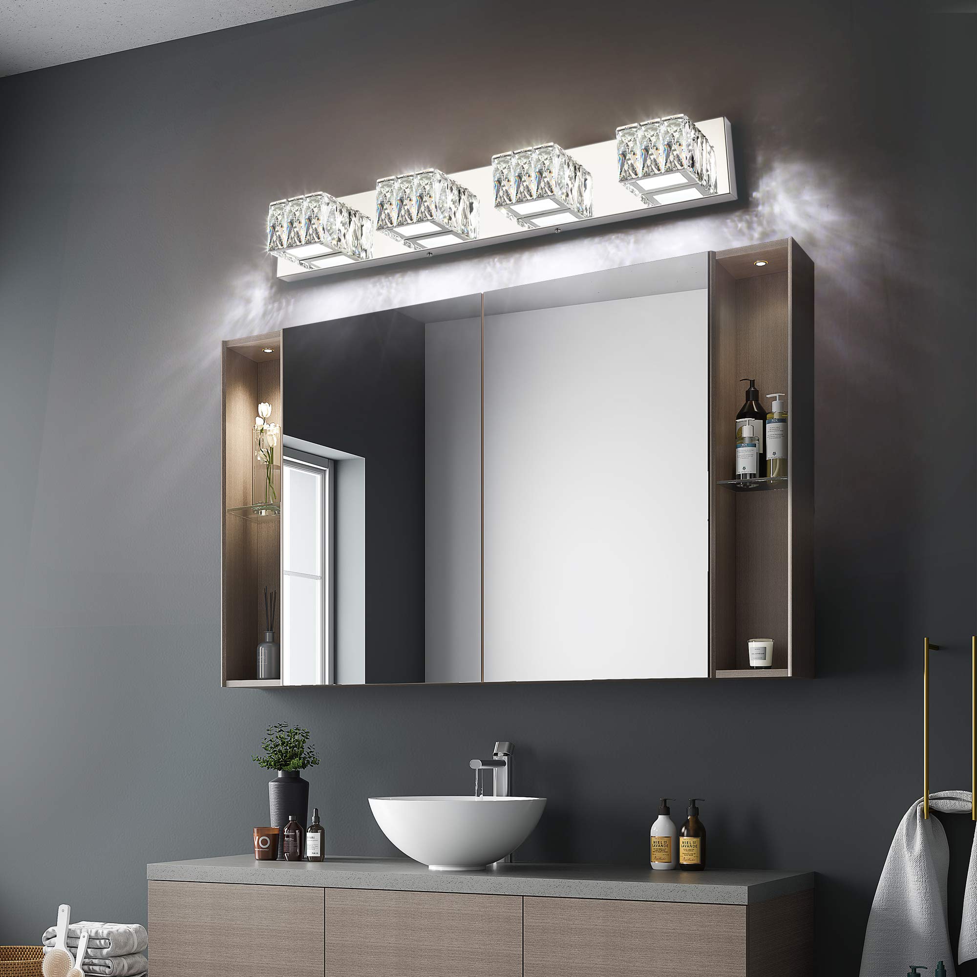 ZUZITO 4-Light Bathroom Vanity Light - Chrome Stainless Steel, Dimmable, 27.6" Size, Modern Crystal Design, Model Z7800-4T-6000k